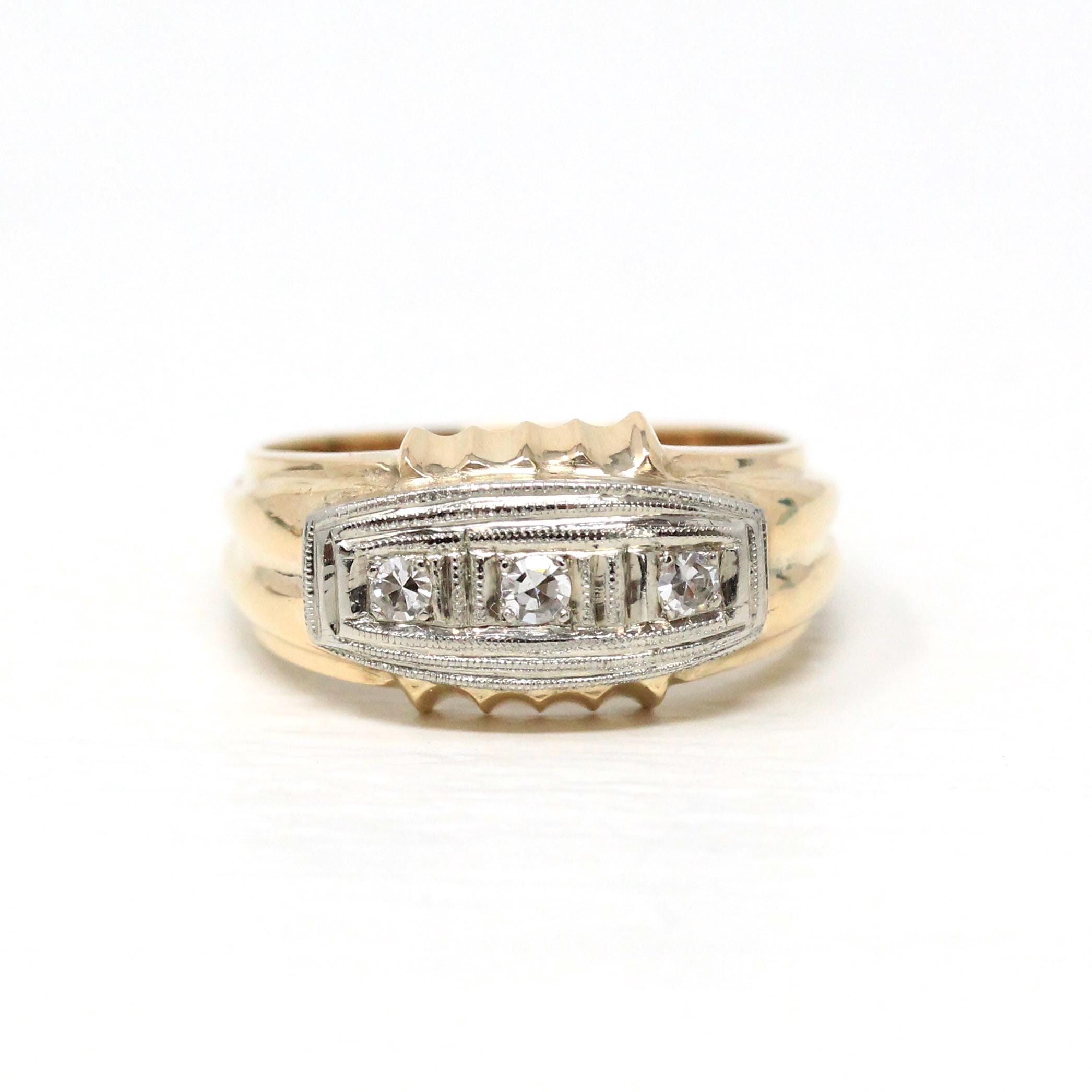 Vintage Diamond Ring - Mid Century Era 14k Yellow & White Gold Unisex Mens Band - Circa 1940s Size 9 Two Tone Engagement Bridal Fine Jewelry