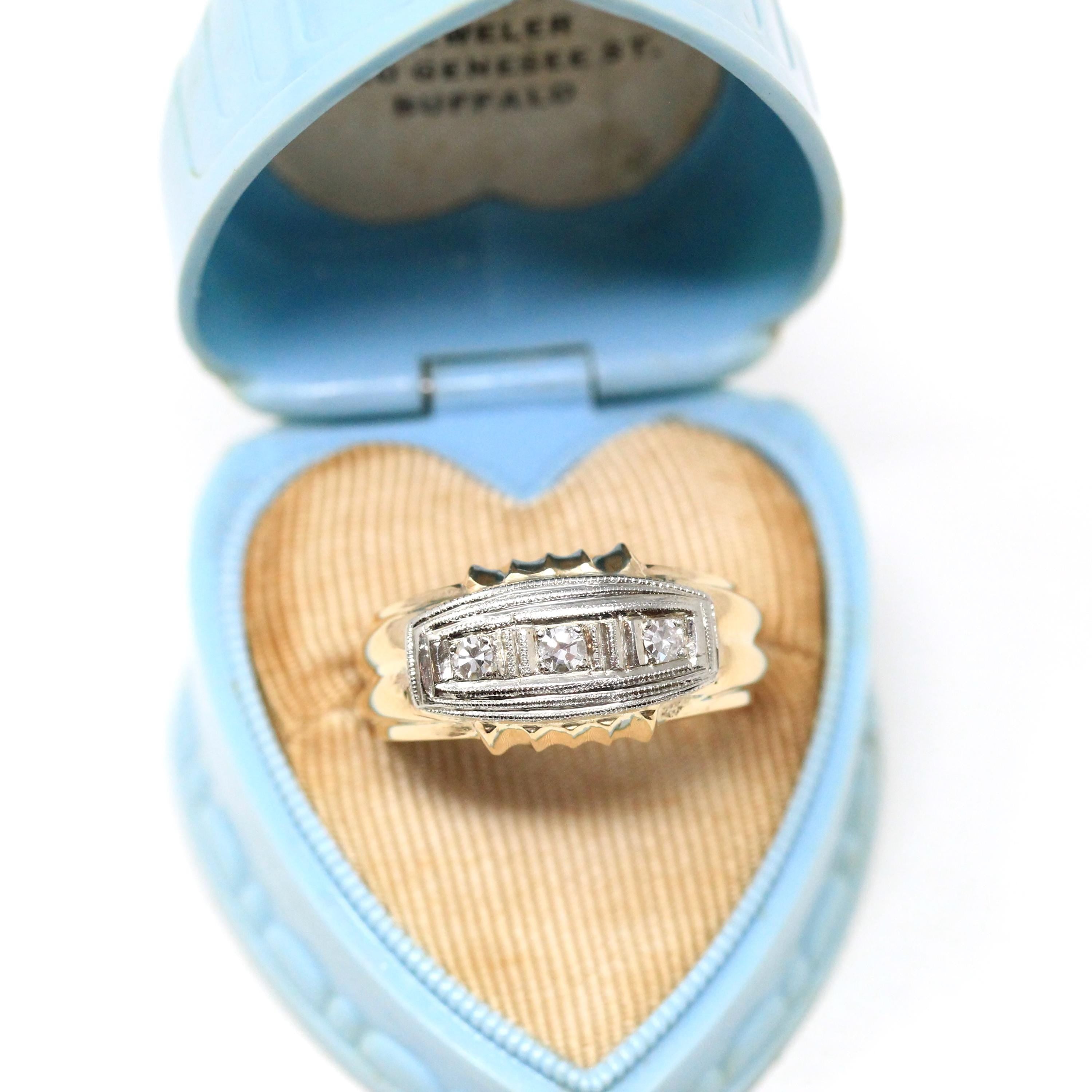 Vintage Diamond Ring - Mid Century Era 14k Yellow & White Gold Unisex Mens Band - Circa 1940s Size 9 Two Tone Engagement Bridal Fine Jewelry