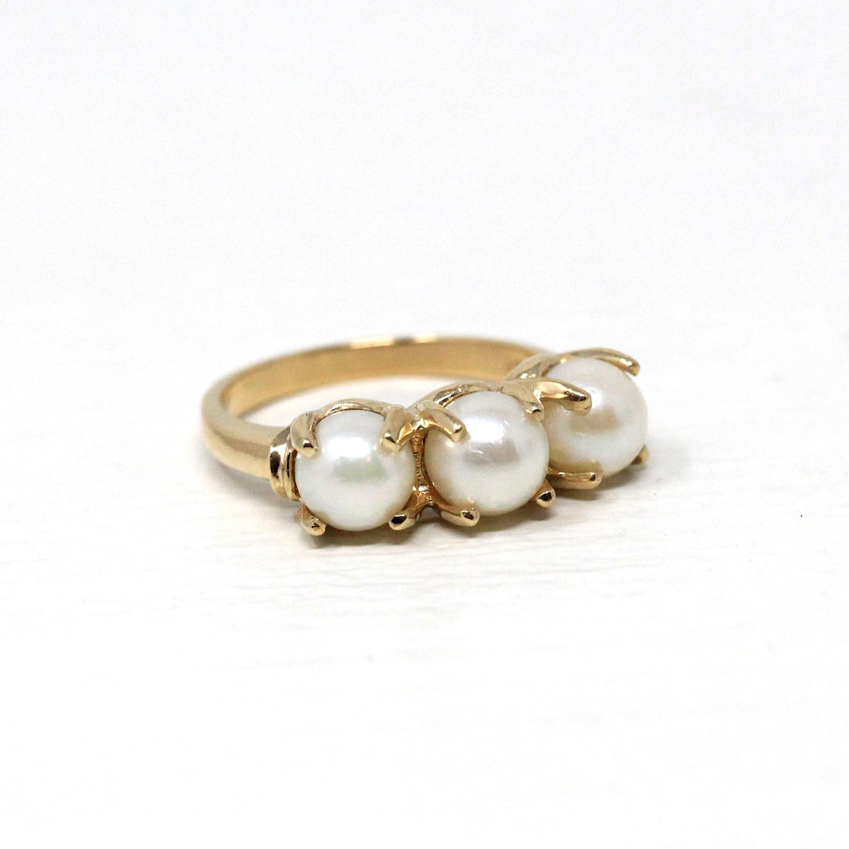 Three Stone Pearl Ring - Vintage 14k Yellow Gold Organic Cultured Gemstone Band - Modern Circa 1990s Era Size 6 June Birthstone Fine Jewelry