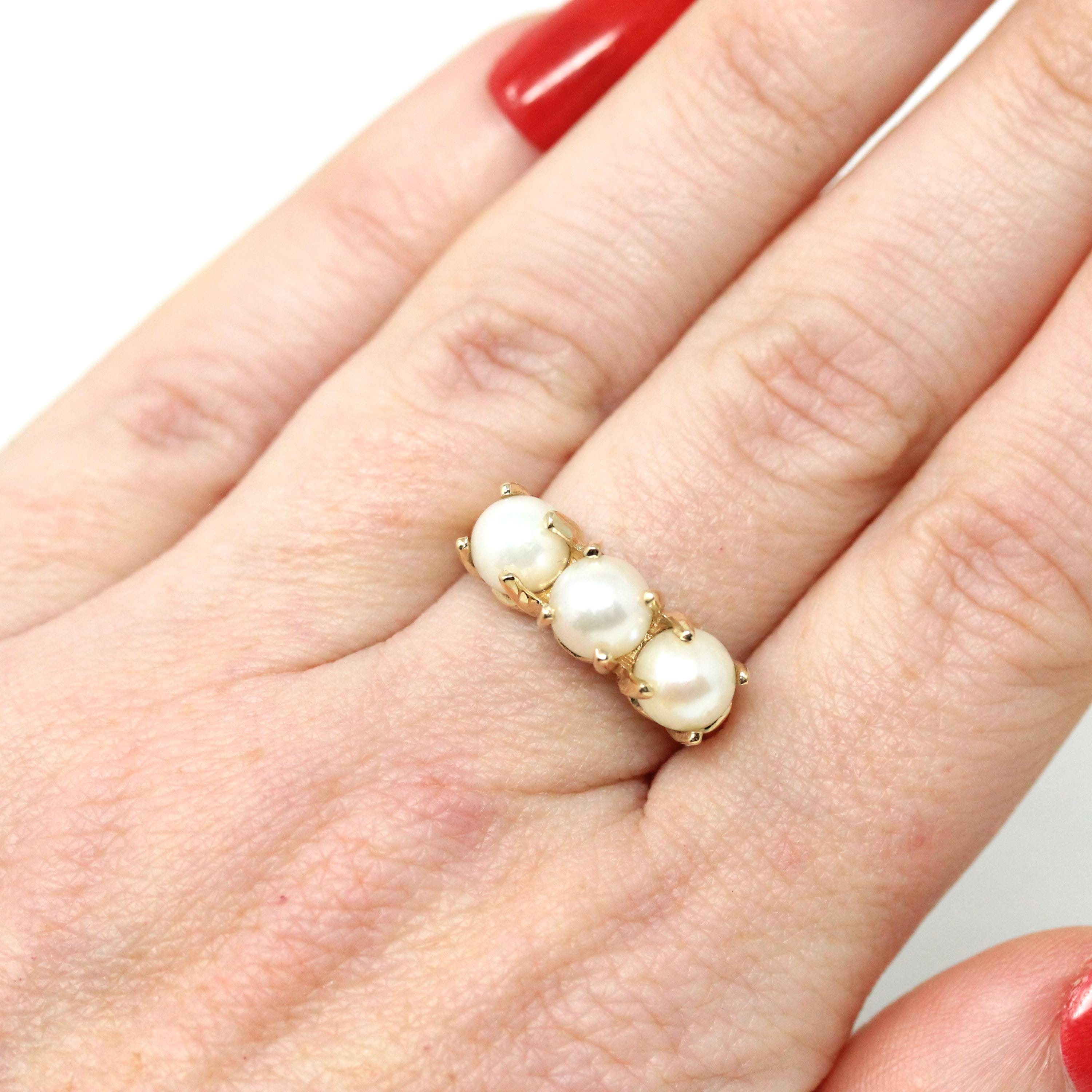 Three Stone Pearl Ring - Vintage 14k Yellow Gold Organic Cultured Gemstone Band - Modern Circa 1990s Era Size 6 June Birthstone Fine Jewelry