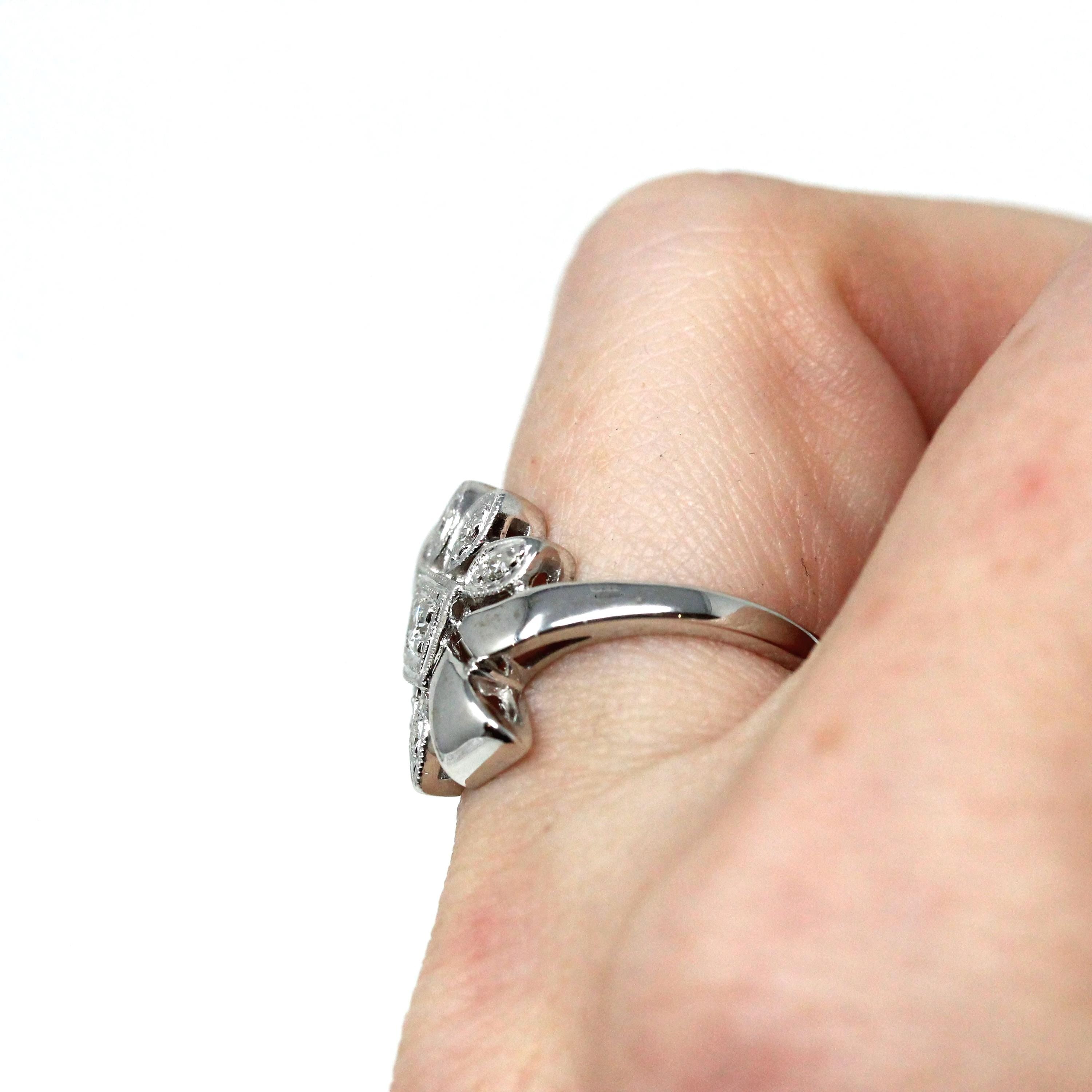 Diamond Bow Ring - Mid Century Era 14k White Gold Natural Gems Cocktail Statement - Vintage 1950s Size 5.25 Cluster Leaf Floral Fine Jewelry