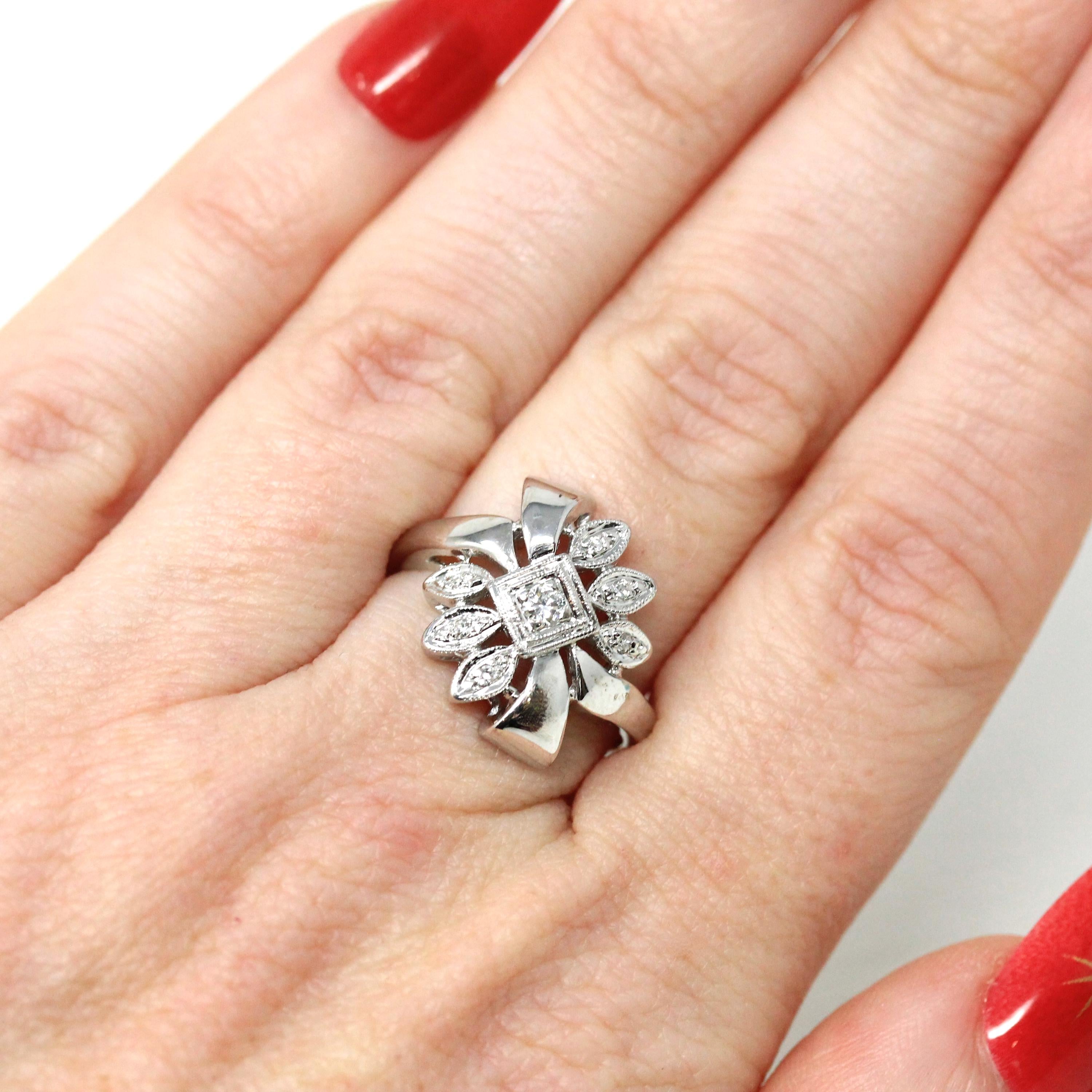 Diamond Bow Ring - Mid Century Era 14k White Gold Natural Gems Cocktail Statement - Vintage 1950s Size 5.25 Cluster Leaf Floral Fine Jewelry