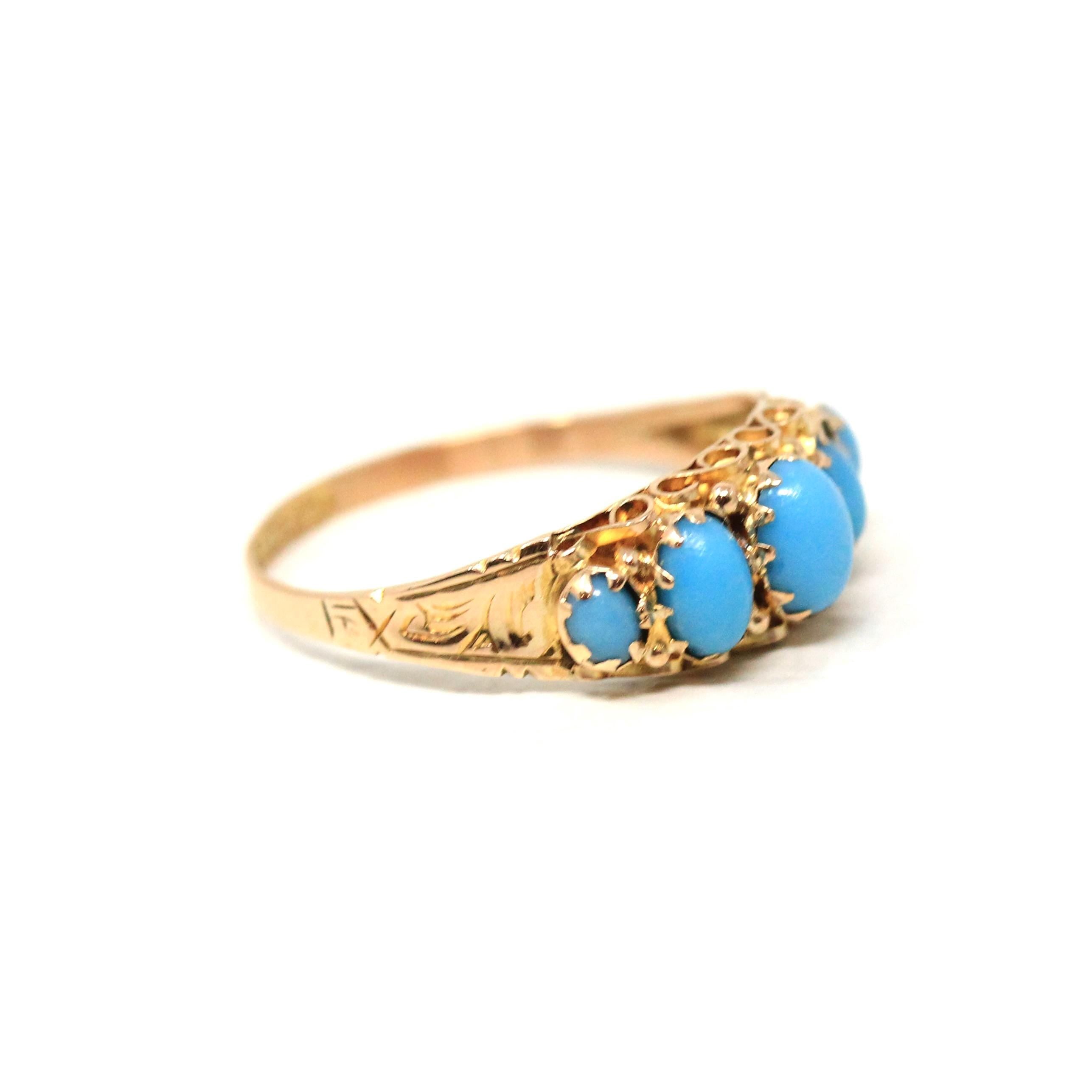 Antique Edwardian Ring - English 9k Yellow Gold Graduated Simulated Turquoise Band - Hallmarked 1915 Era Size 7 1/2 Blue Stones Fine Jewelry