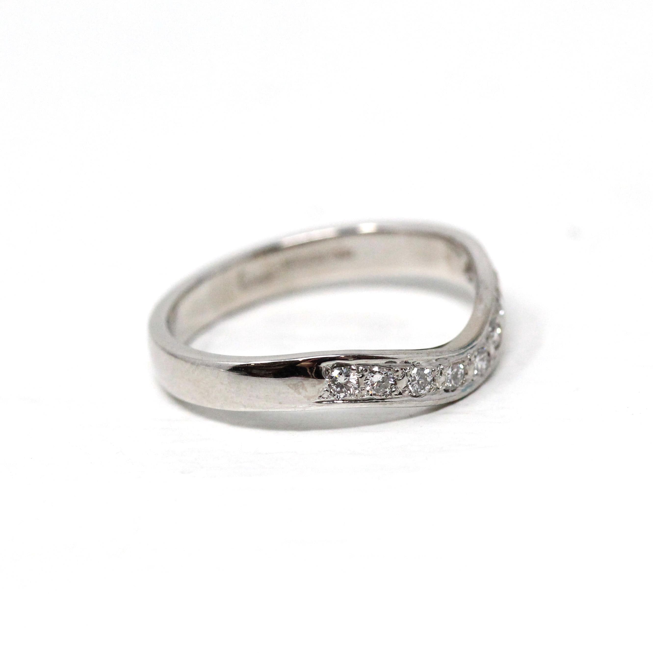 Curved Diamond Band - Modern Era 18k White Gold Natural Gemstones Wedding Ring - Estate Circa 2000's Size 6 1/2 Bridal Stacking Fine Jewelry