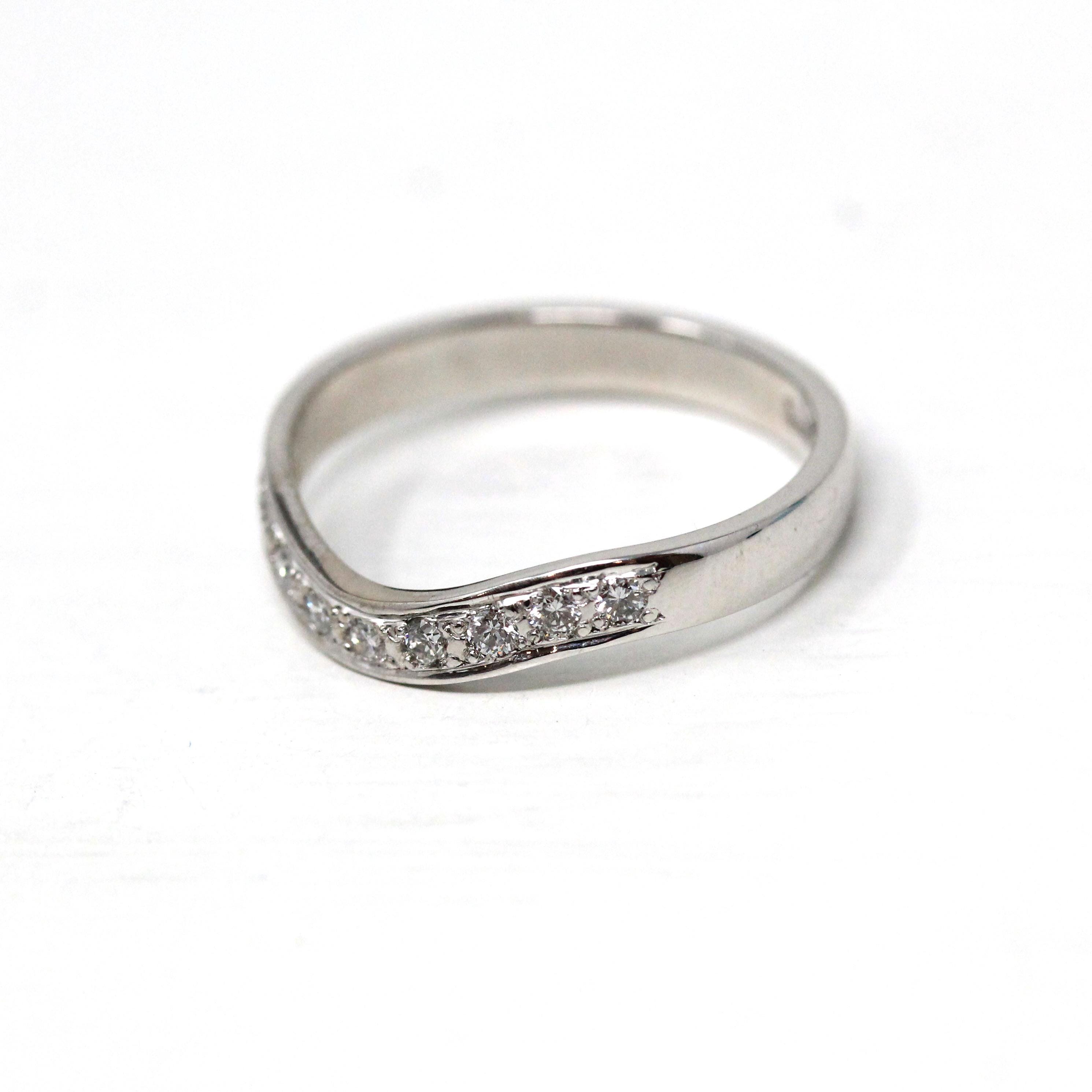 Curved Diamond Band - Modern Era 18k White Gold Natural Gemstones Wedding Ring - Estate Circa 2000's Size 6 1/2 Bridal Stacking Fine Jewelry