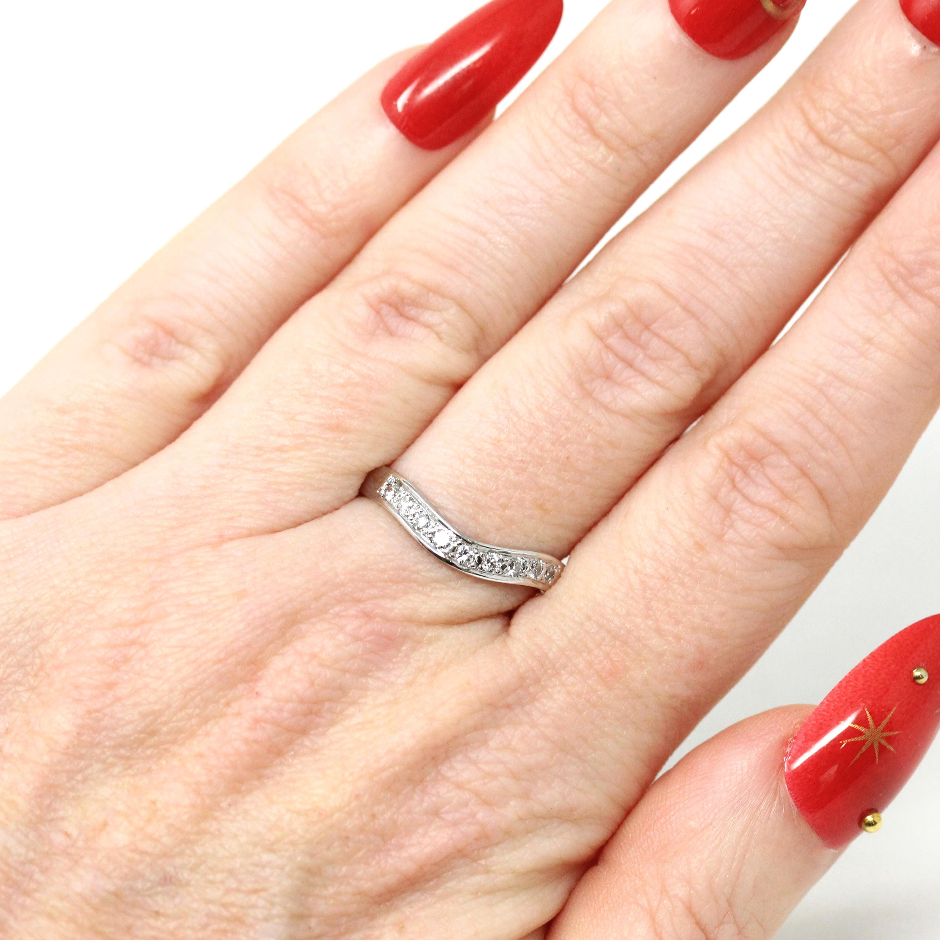 Curved Diamond Band - Modern Era 18k White Gold Natural Gemstones Wedding Ring - Estate Circa 2000's Size 6 1/2 Bridal Stacking Fine Jewelry