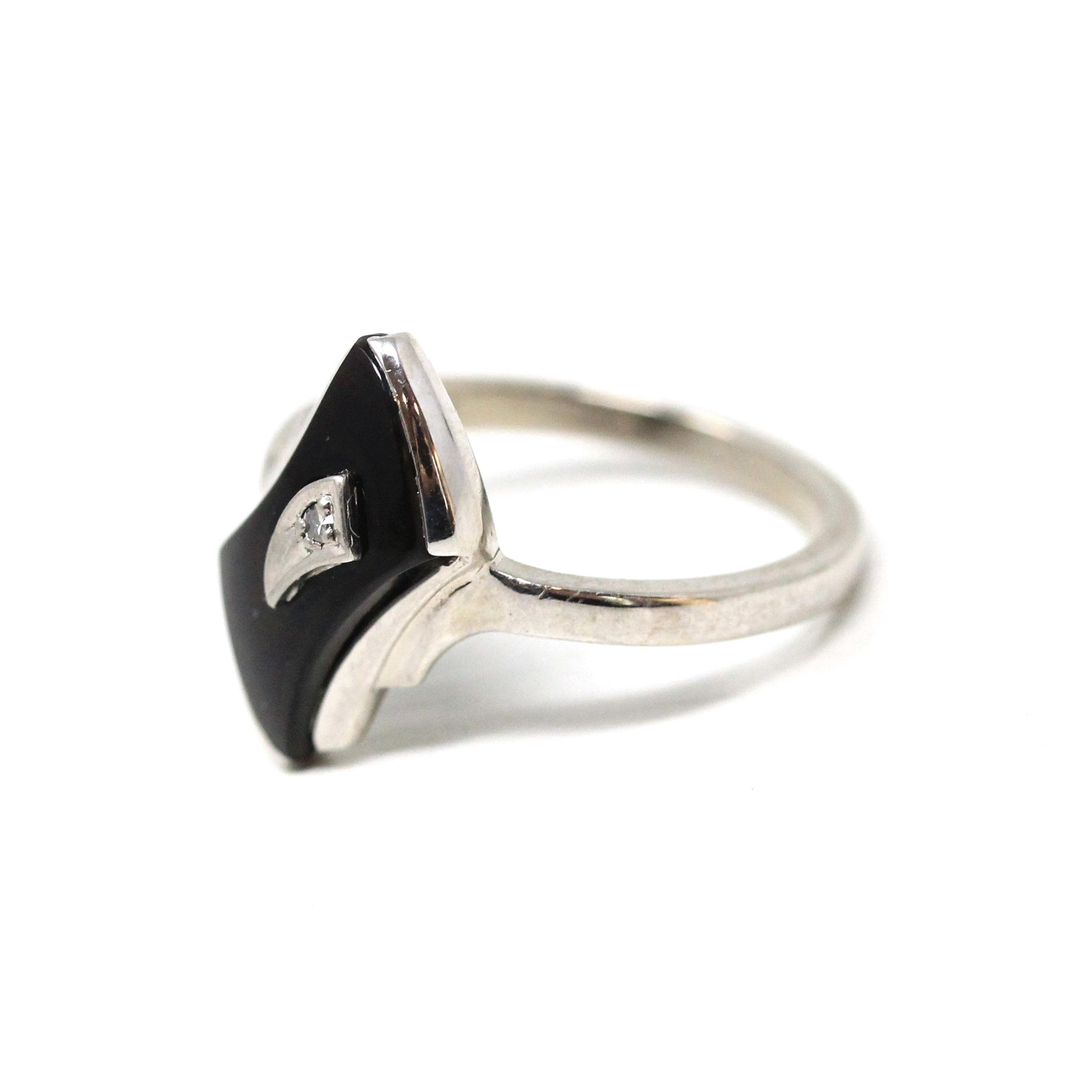 Retro Onyx Ring - Vintage 10k White Gold Fancy Cut Black Chalcedony & Diamond Gemstone - Circa 1960s Era Size 5 3/4 Fine Statement Jewelry