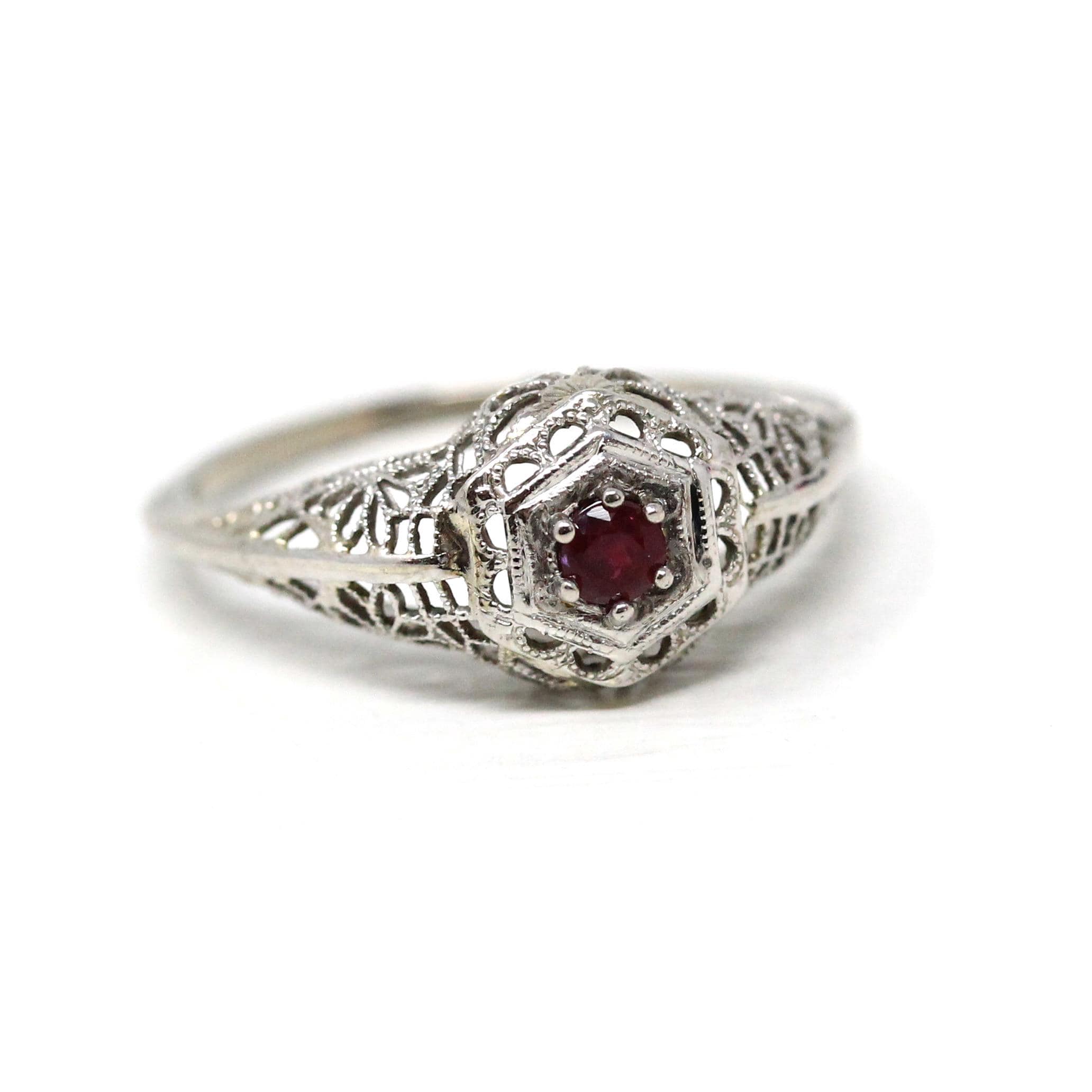 Ruby Filigree Ring - Art Deco Era 14k White Gold Round Faceted Red Corundum Gem - Circa 1930s Size 5.5 July Birthstone Fine Vintage Jewelry