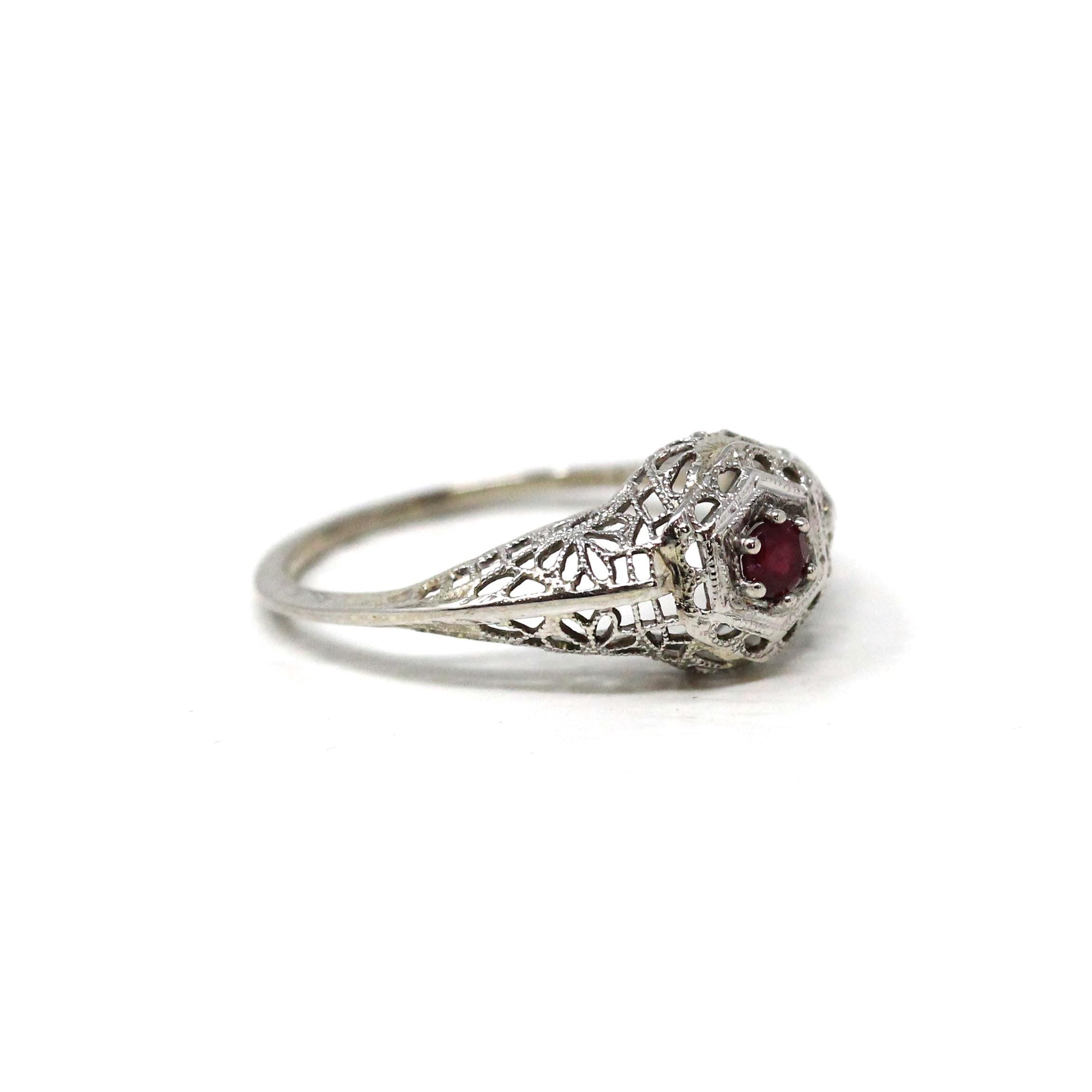 Ruby Filigree Ring - Art Deco Era 14k White Gold Round Faceted Red Corundum Gem - Circa 1930s Size 5.5 July Birthstone Fine Vintage Jewelry
