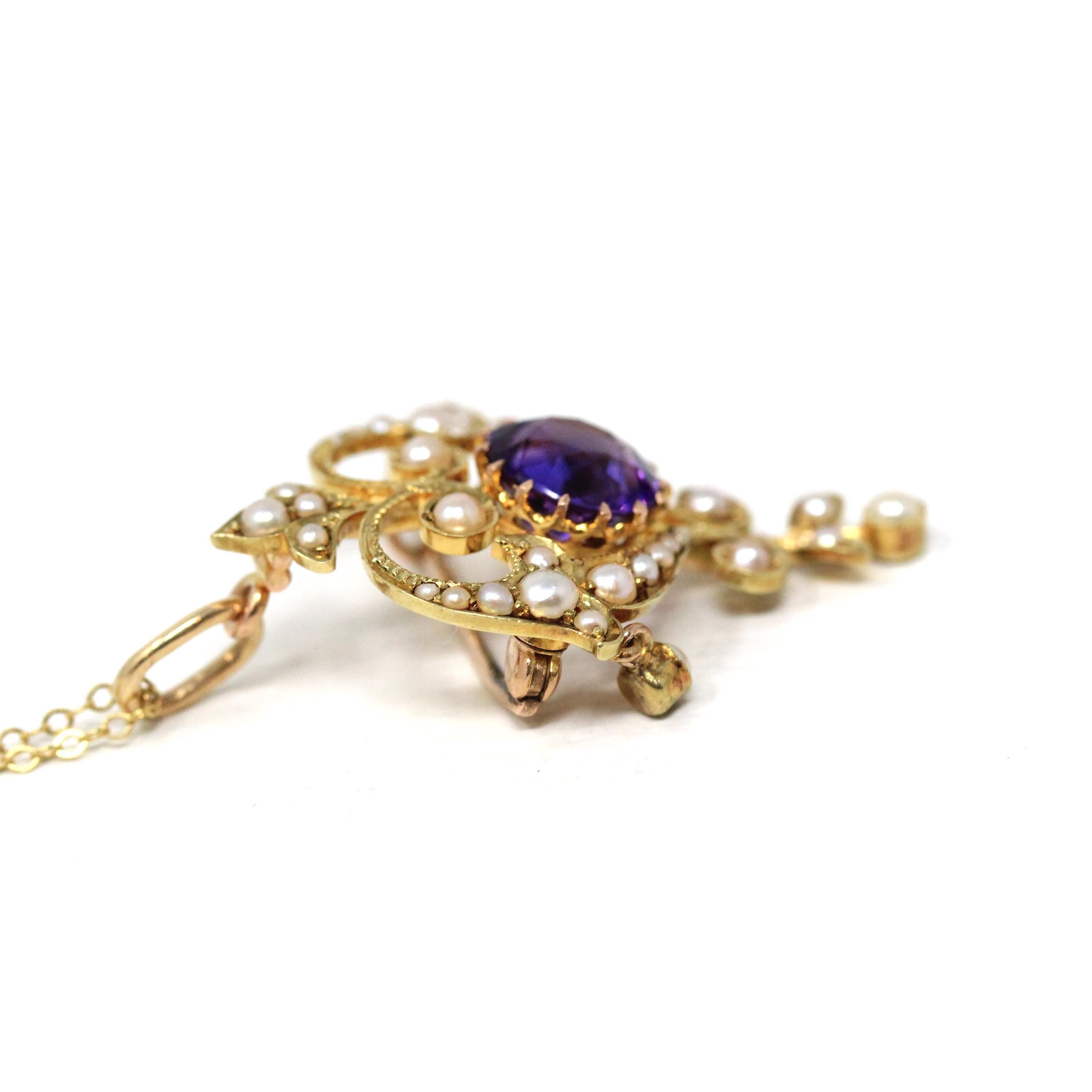 Antique Lavalier Necklace - Edwardian 15k Yellow Gold Natural Purple Amethyst Gem Pendant With Seed Pearls - Circa 1900s Fine Brooch Jewelry