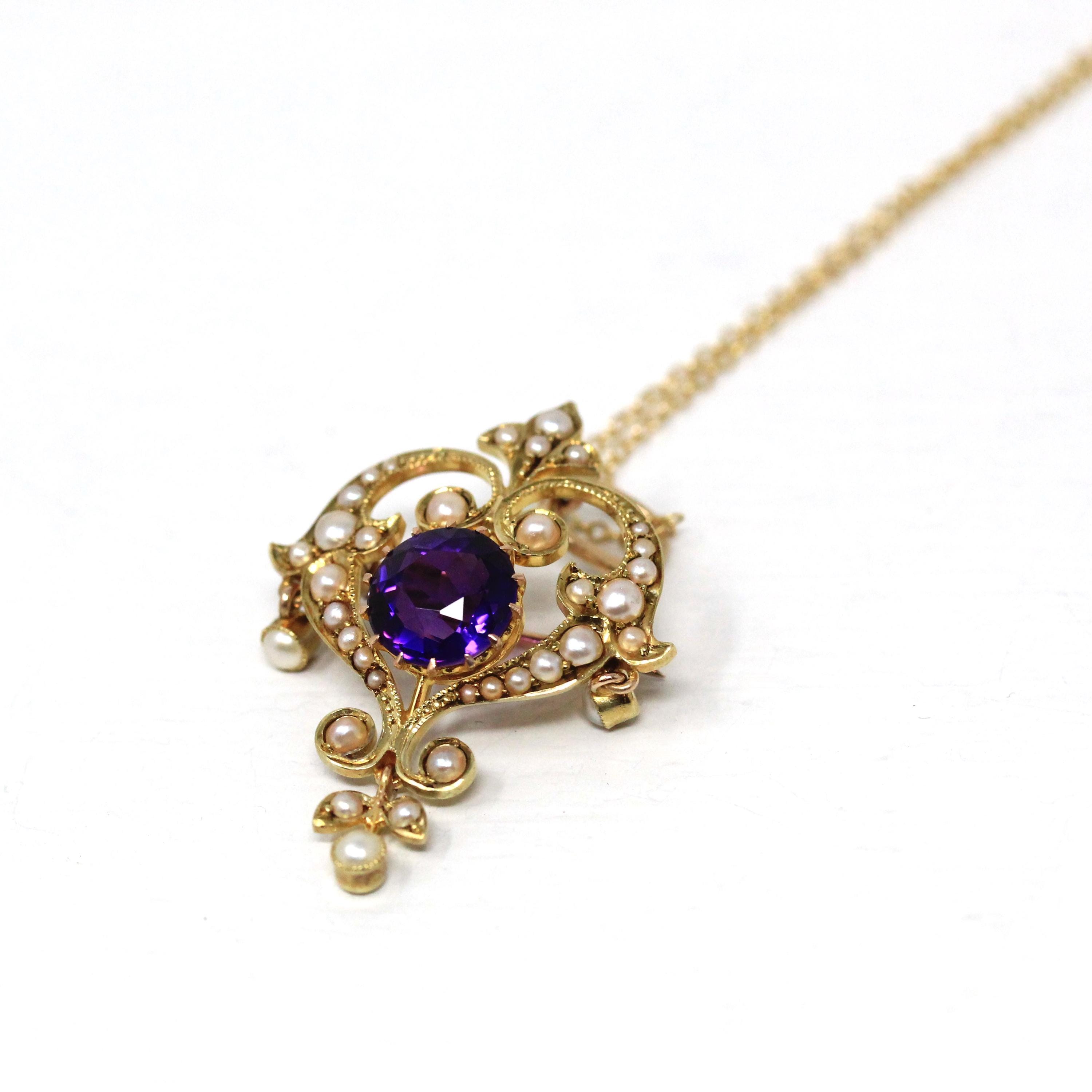 Antique Lavalier Necklace - Edwardian 15k Yellow Gold Natural Purple Amethyst Gem Pendant With Seed Pearls - Circa 1900s Fine Brooch Jewelry