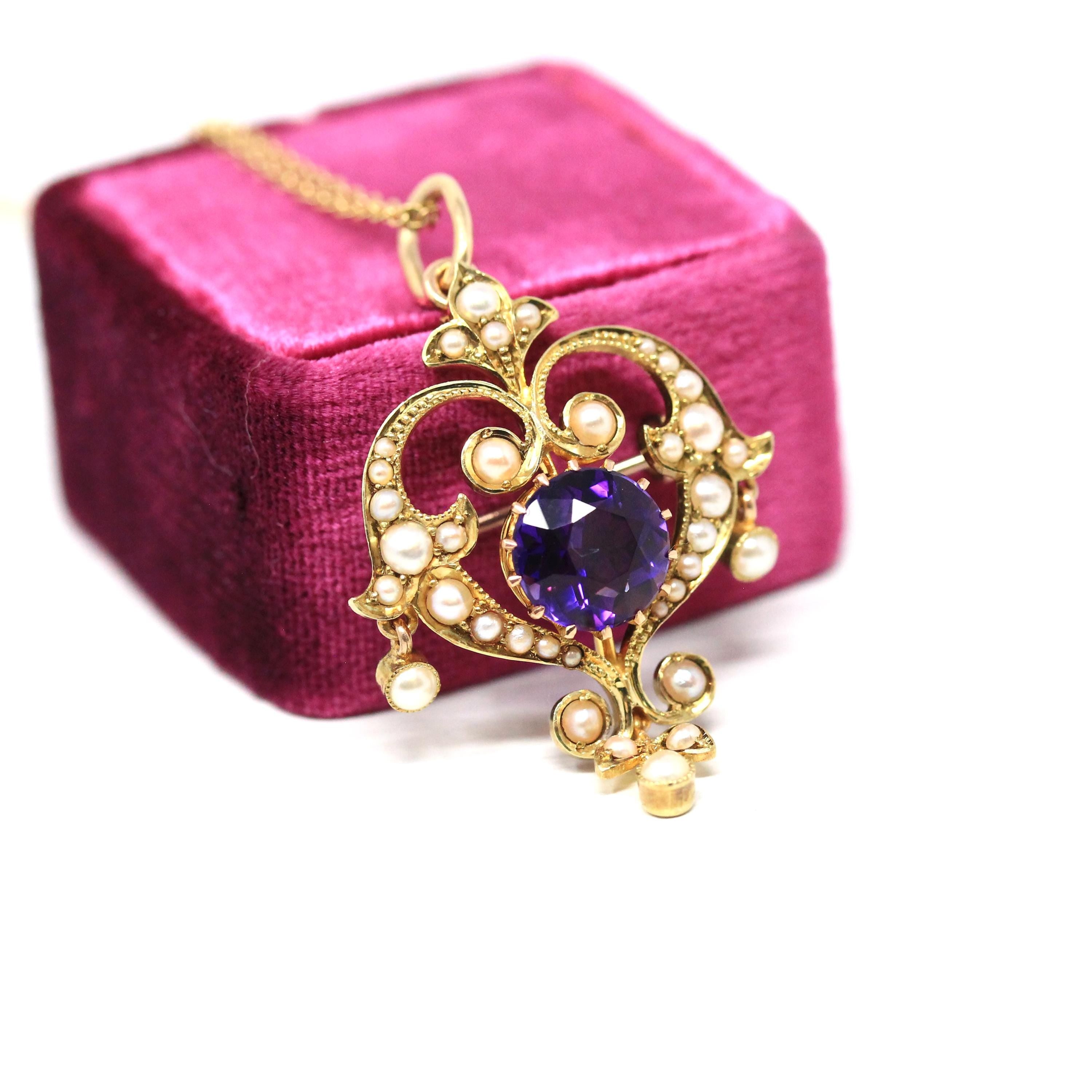Antique Lavalier Necklace - Edwardian 15k Yellow Gold Natural Purple Amethyst Gem Pendant With Seed Pearls - Circa 1900s Fine Brooch Jewelry