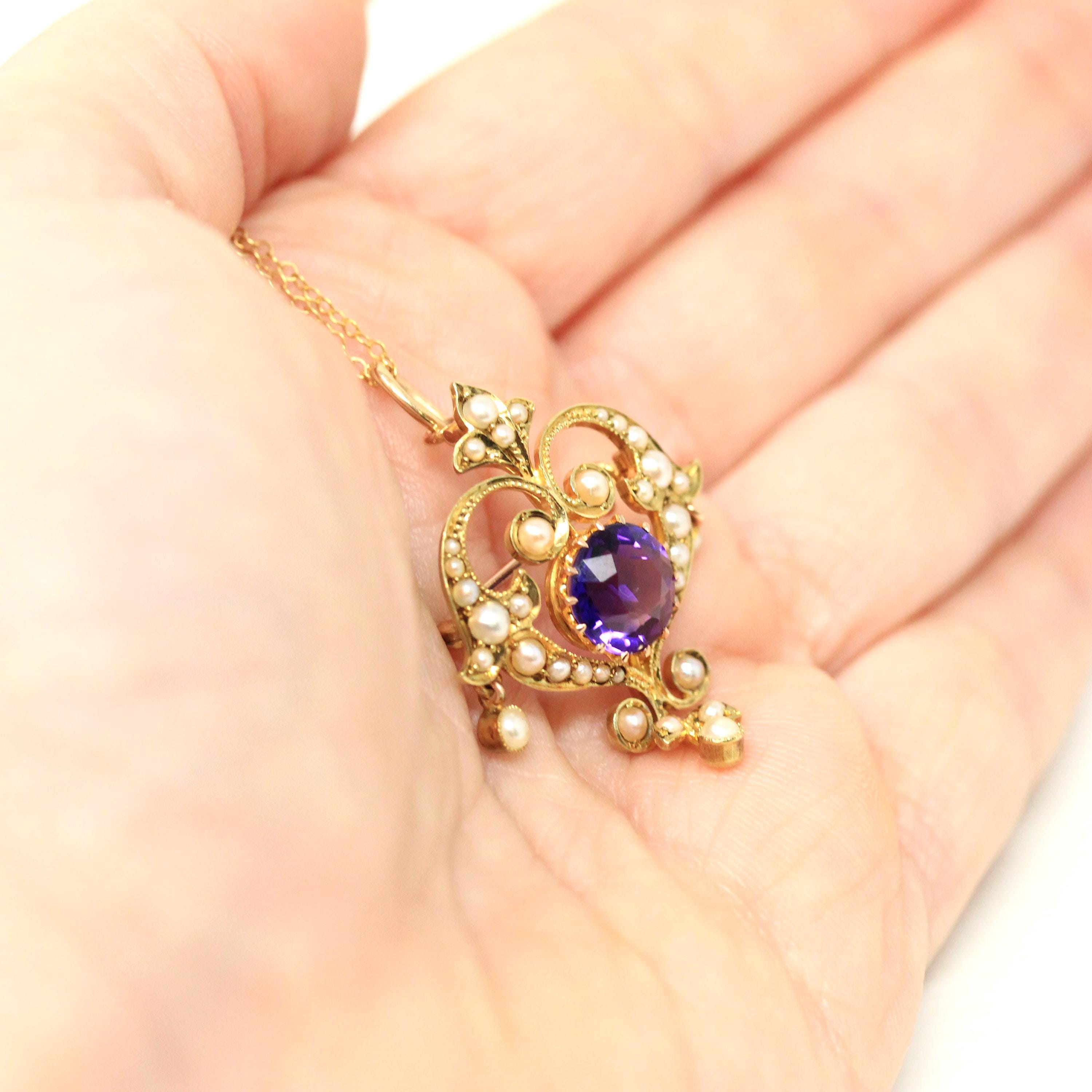Antique Lavalier Necklace - Edwardian 15k Yellow Gold Natural Purple Amethyst Gem Pendant With Seed Pearls - Circa 1900s Fine Brooch Jewelry