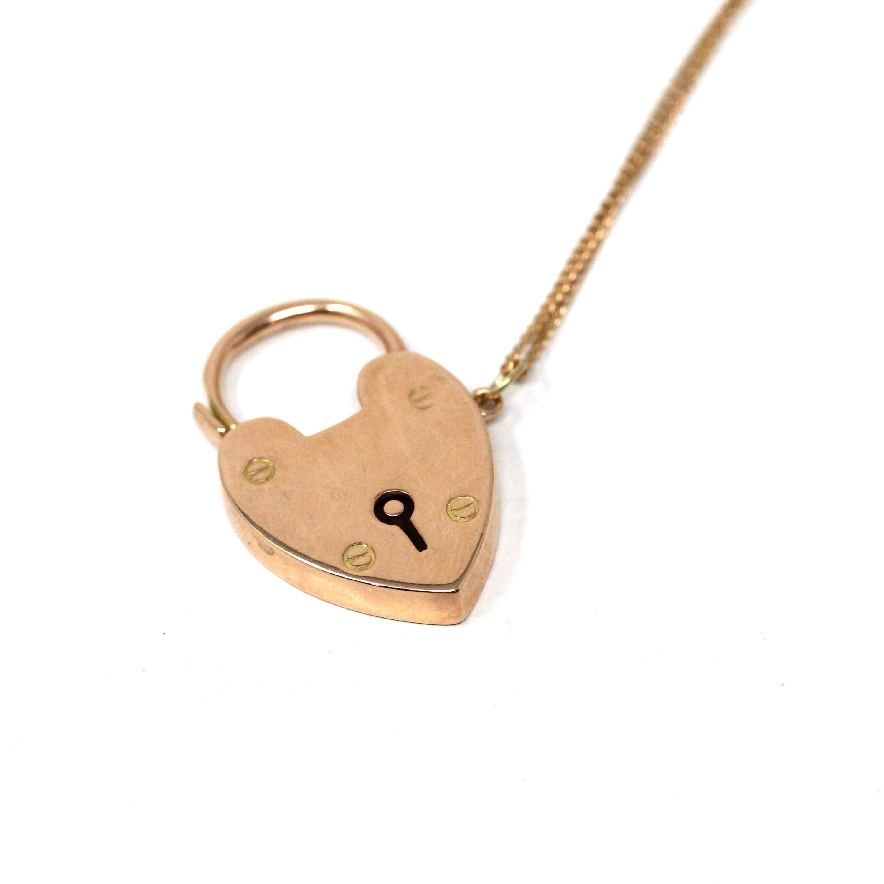 Vintage Padlock Necklace - Retro 15K Rosy Gold Heart Shaped Engraved Pendant - Dated 1976 Victorian Revival Style Fine Statement Jewelry