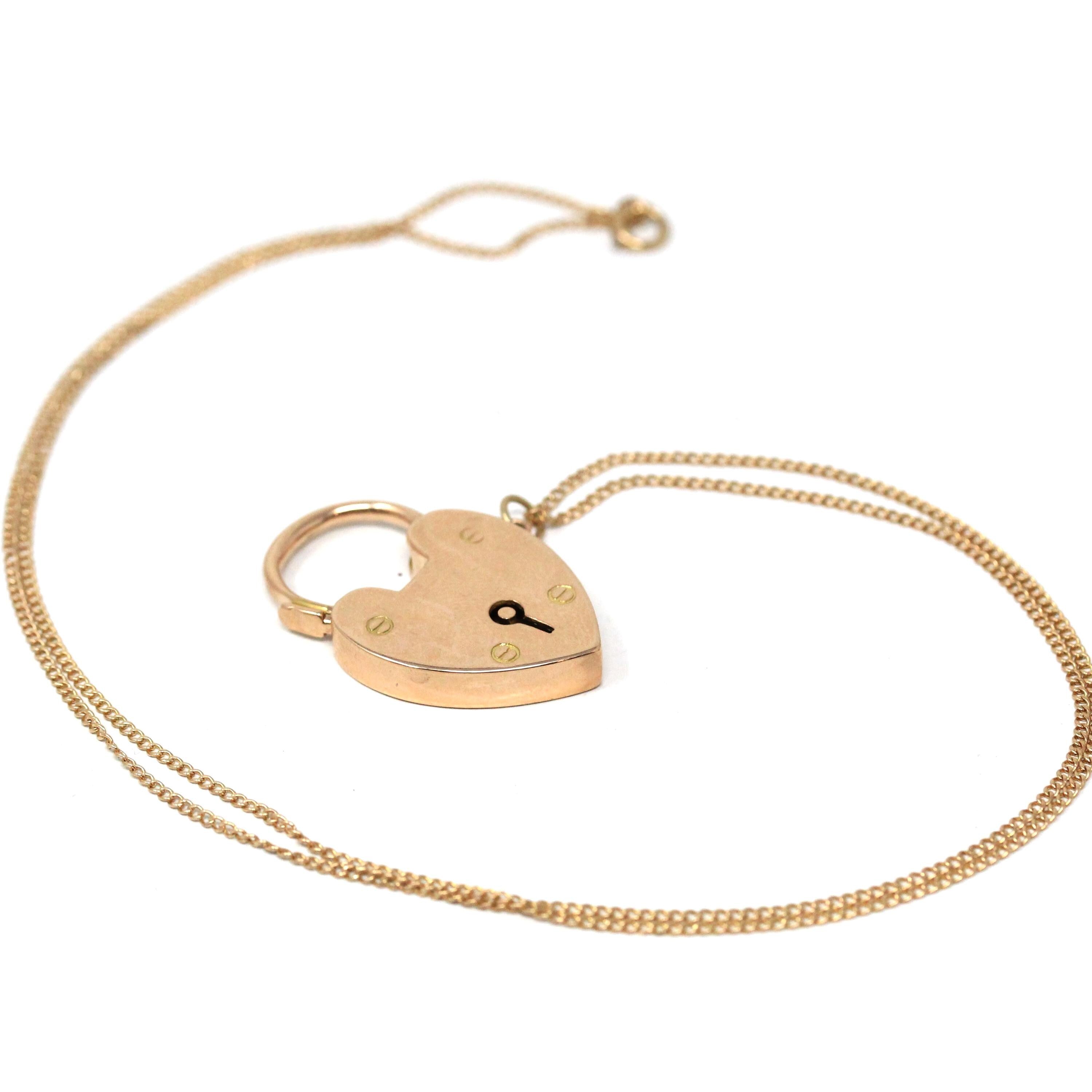 Vintage Padlock Necklace - Retro 15K Rosy Gold Heart Shaped Engraved Pendant - Dated 1976 Victorian Revival Style Fine Statement Jewelry
