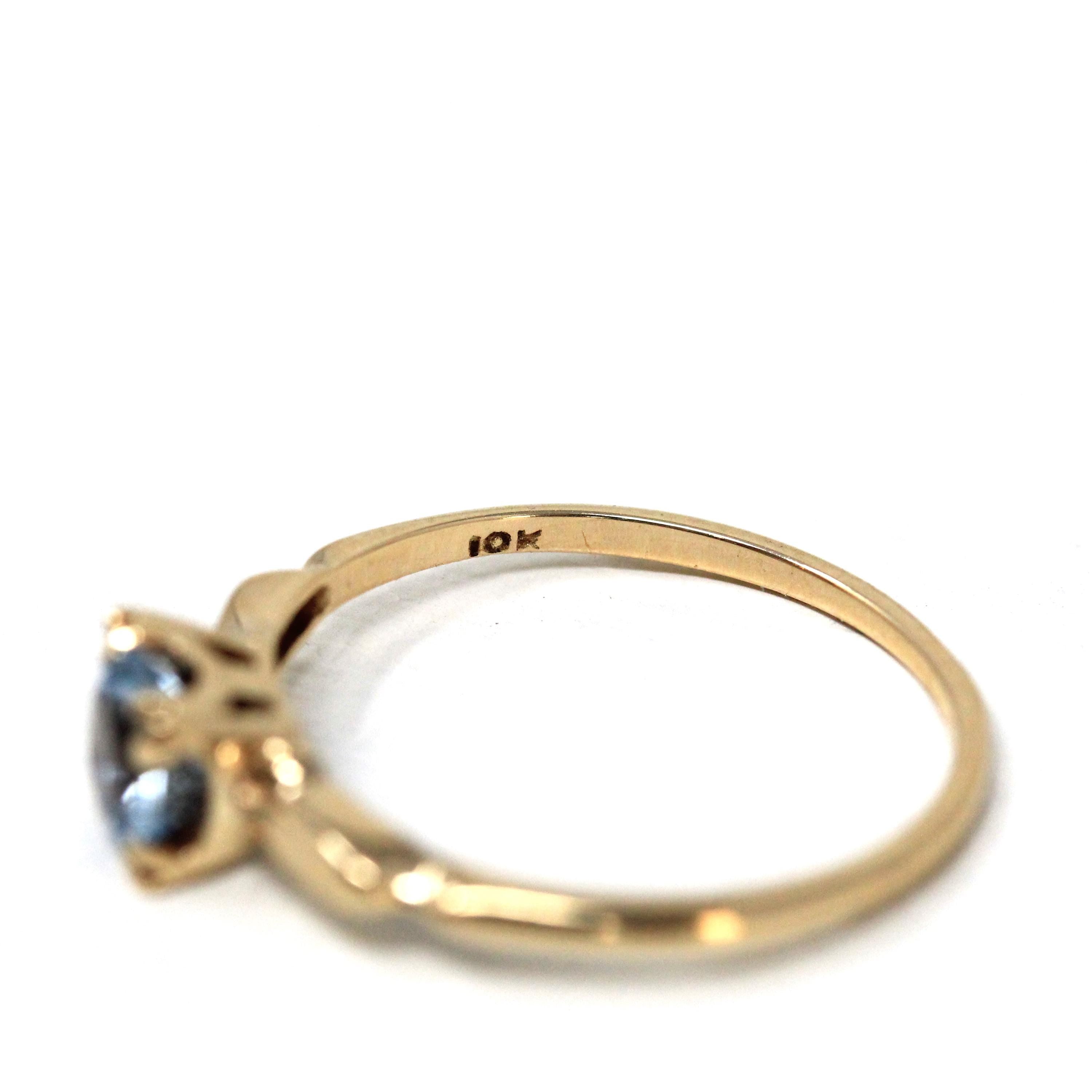 Aquamarine Engagement Ring - Vintage 10k Yellow Gold Solitaire Blue Gemstone - Mid Century Size 6 1/2 Fine 1940s Alternative Bridal Jewelry