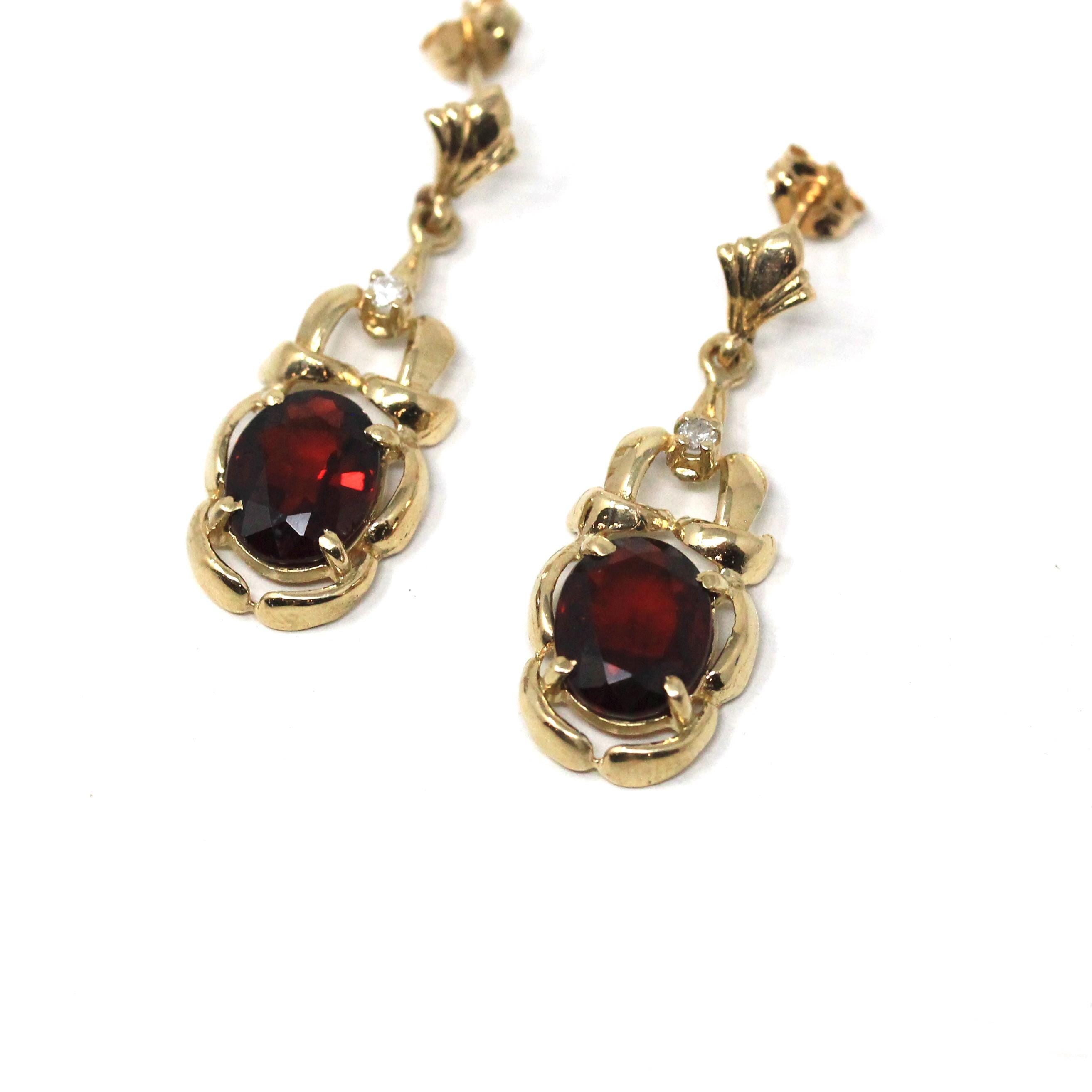 Garnet & Diamond Earrings - Estate 14k Yellow Gold Oval Faceted Red Gemstones - Pierced Post Dangle Drops Fine January Birthstone Jewelry