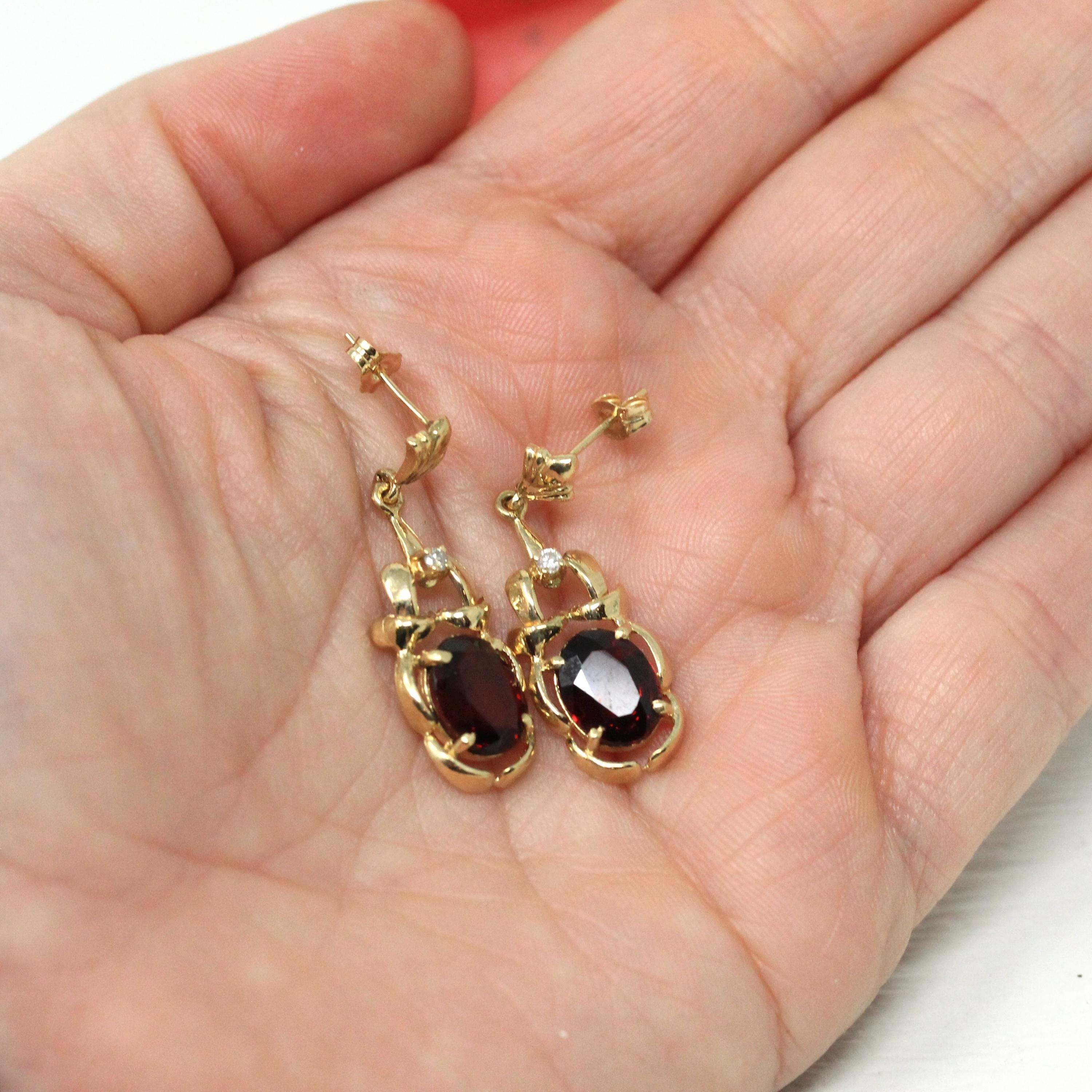 Garnet & Diamond Earrings - Estate 14k Yellow Gold Oval Faceted Red Gemstones - Pierced Post Dangle Drops Fine January Birthstone Jewelry
