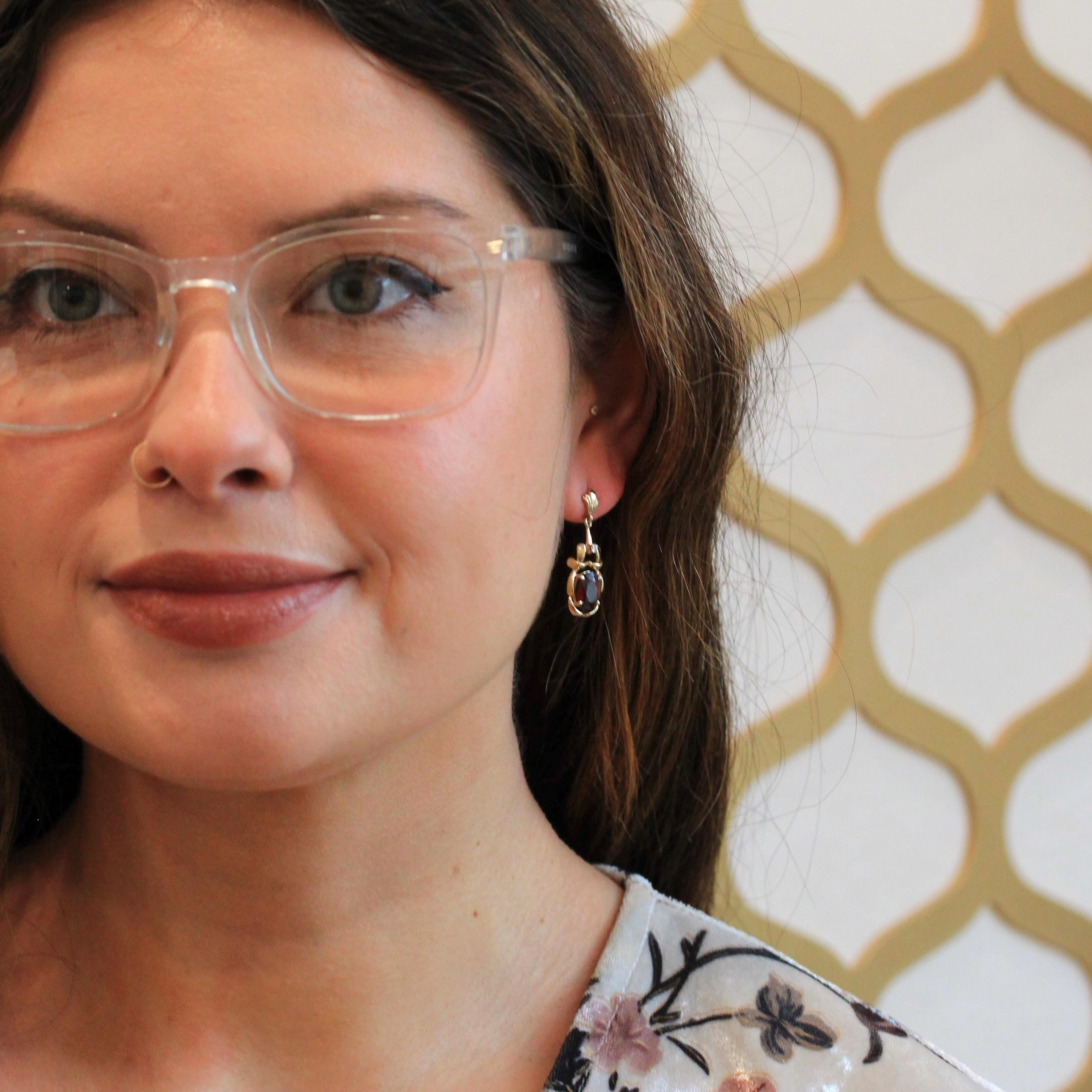 Garnet & Diamond Earrings - Estate 14k Yellow Gold Oval Faceted Red Gemstones - Pierced Post Dangle Drops Fine January Birthstone Jewelry