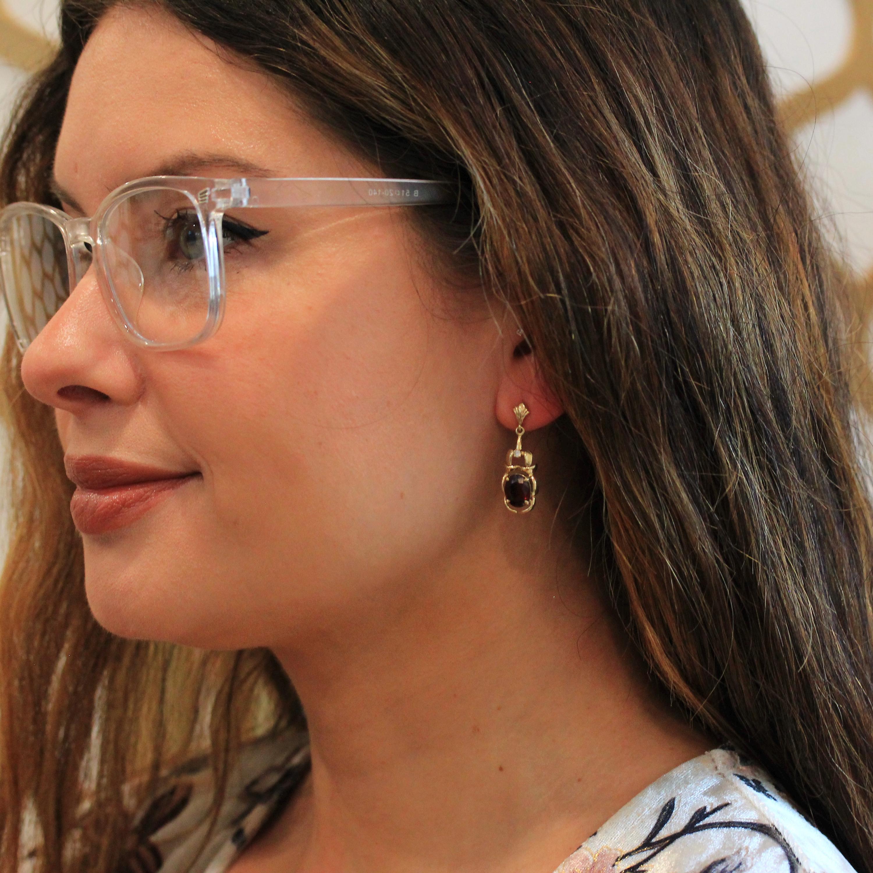 Garnet & Diamond Earrings - Estate 14k Yellow Gold Oval Faceted Red Gemstones - Pierced Post Dangle Drops Fine January Birthstone Jewelry