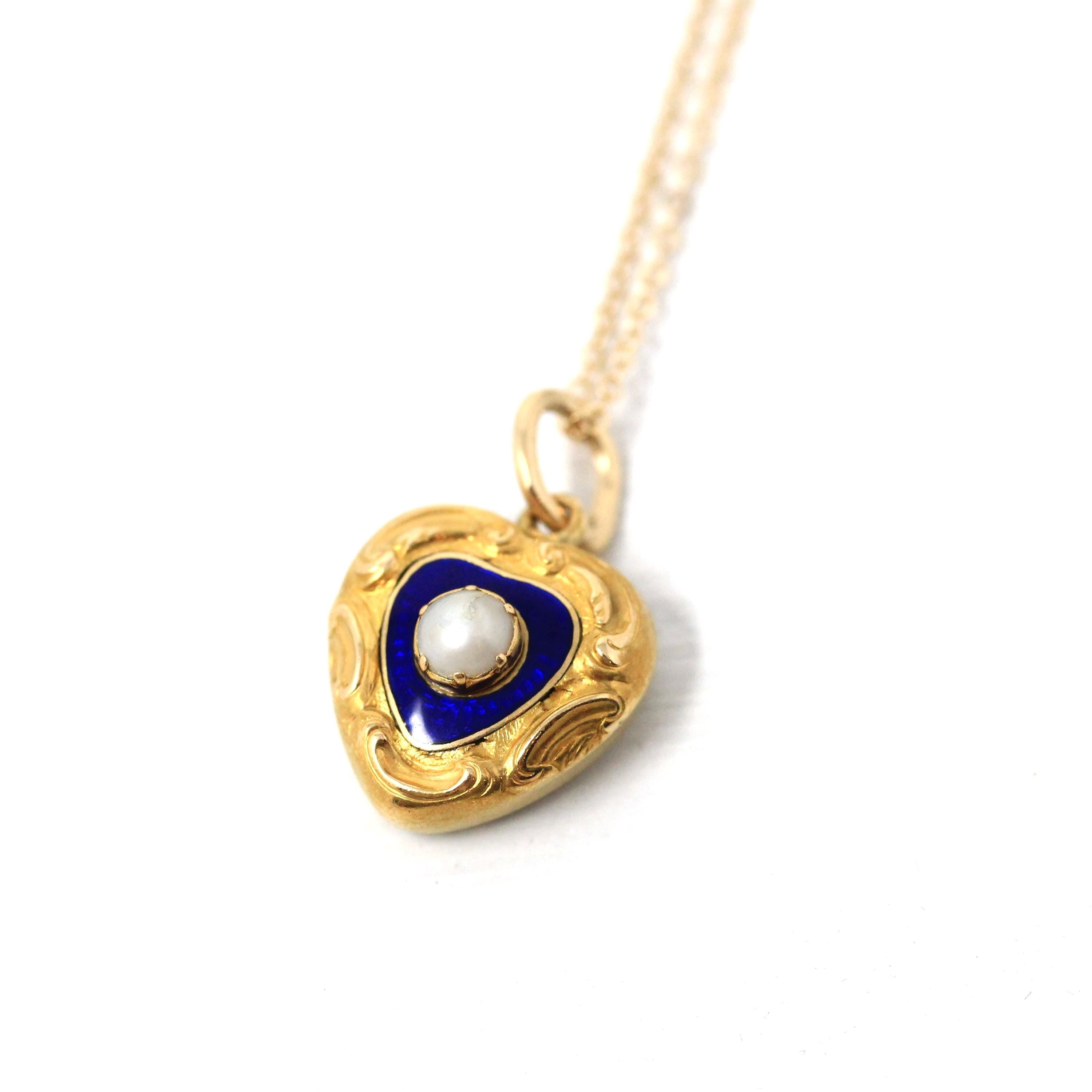 Antique Heart Pendant - Victorian 15ct Yellow Gold Blue Enamel Pearl Charm Necklace - Vintage Circa 1900 Alexander Compartment Fine Jewelry