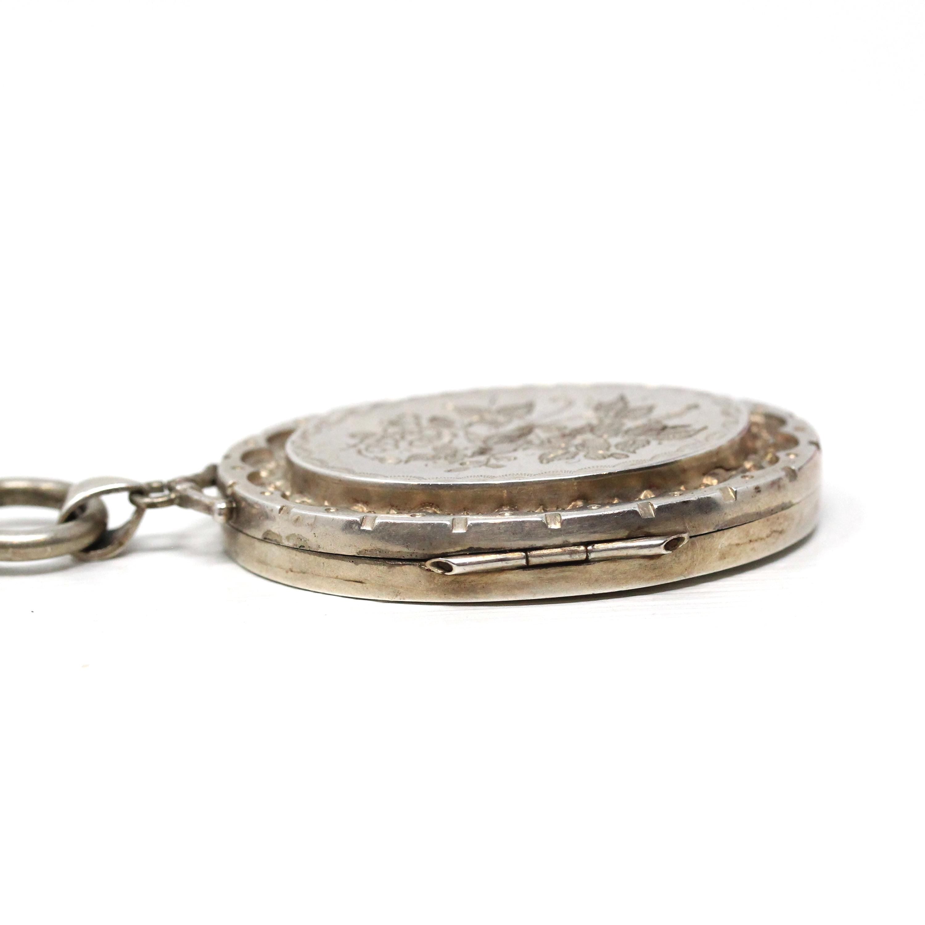 Antique Bird Locket - Victorian Sterling Silver Engraved Book Chain Necklace Pendant - Circa 1880s Era Swallow Large Photo Statement Jewelry