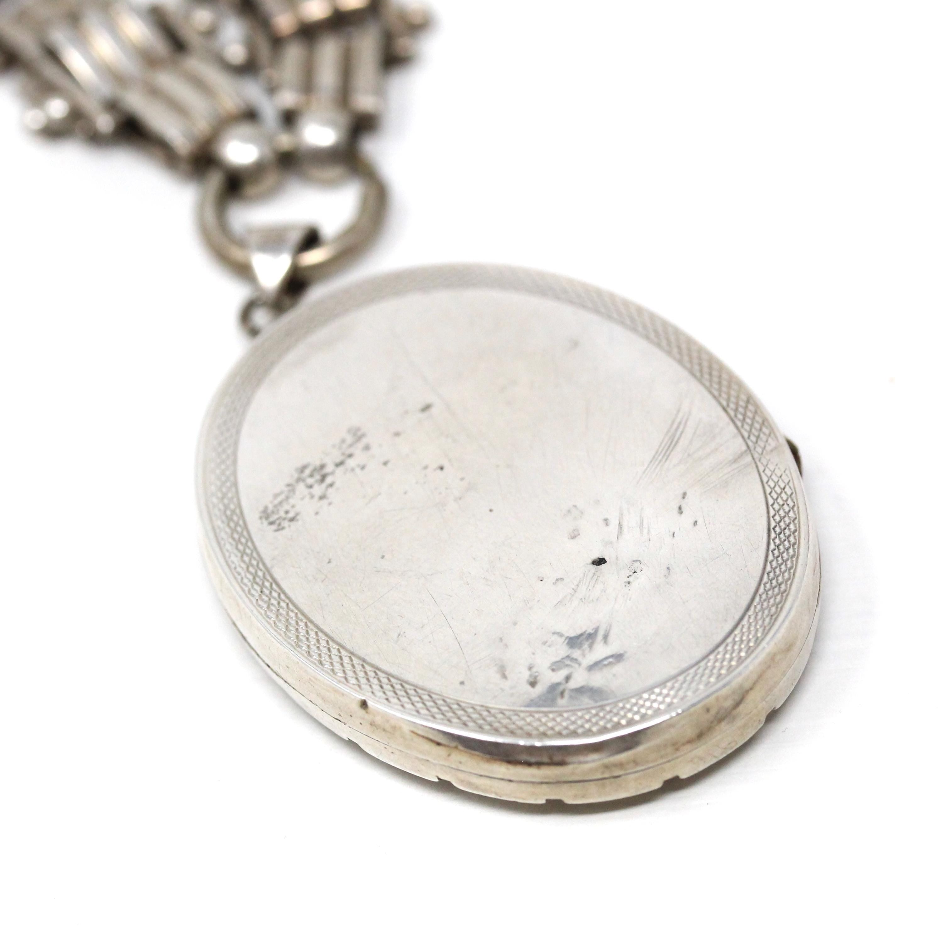 Antique Bird Locket - Victorian Sterling Silver Engraved Book Chain Necklace Pendant - Circa 1880s Era Swallow Large Photo Statement Jewelry