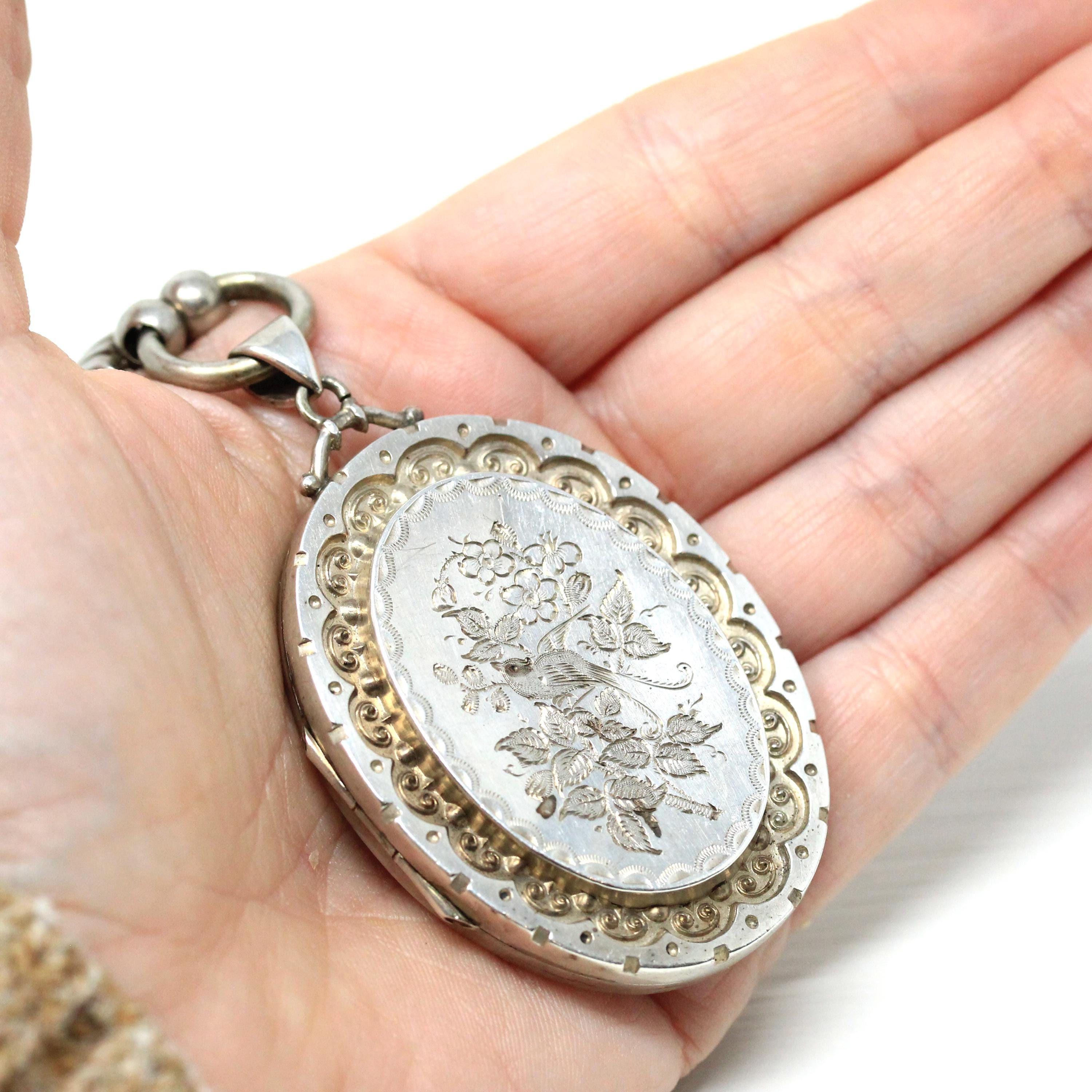 Antique Bird Locket - Victorian Sterling Silver Engraved Book Chain Necklace Pendant - Circa 1880s Era Swallow Large Photo Statement Jewelry