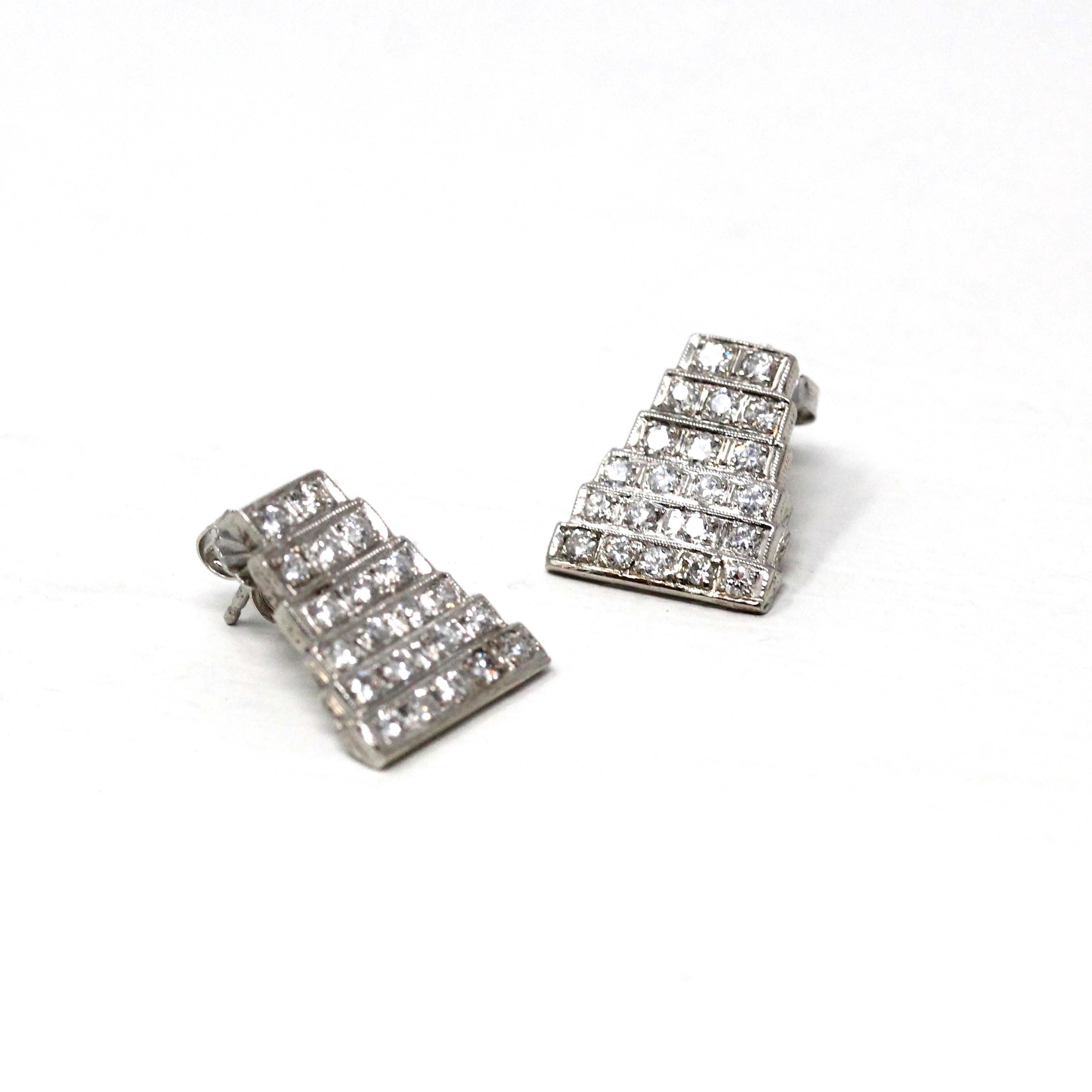 Diamond Conversion Earrings - Art Deco Platinum 1.05 CTW Diamond Geometric Shield Posts - Circa 1920s Fine Bridal Wedding Accessory Jewelry