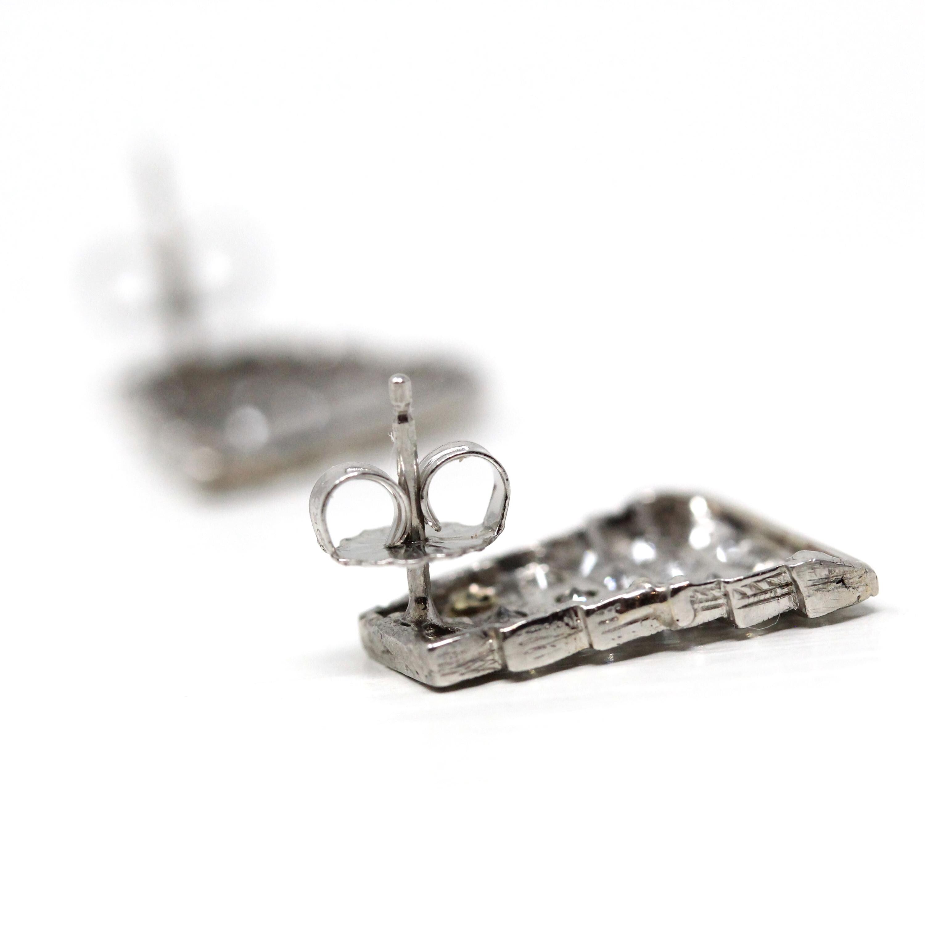 Diamond Conversion Earrings - Art Deco Platinum 1.05 CTW Diamond Geometric Shield Posts - Circa 1920s Fine Bridal Wedding Accessory Jewelry