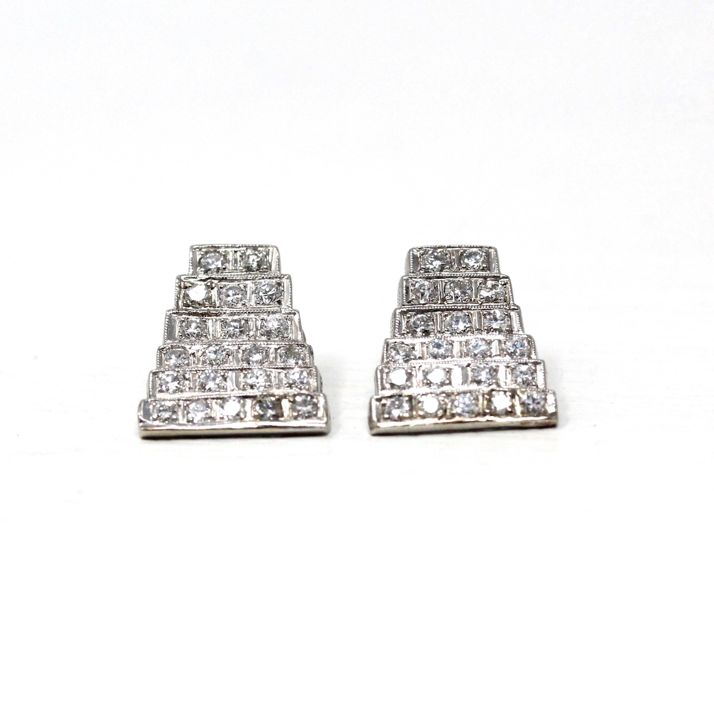 Diamond Conversion Earrings - Art Deco Platinum 1.05 CTW Diamond Geometric Shield Posts - Circa 1920s Fine Bridal Wedding Accessory Jewelry