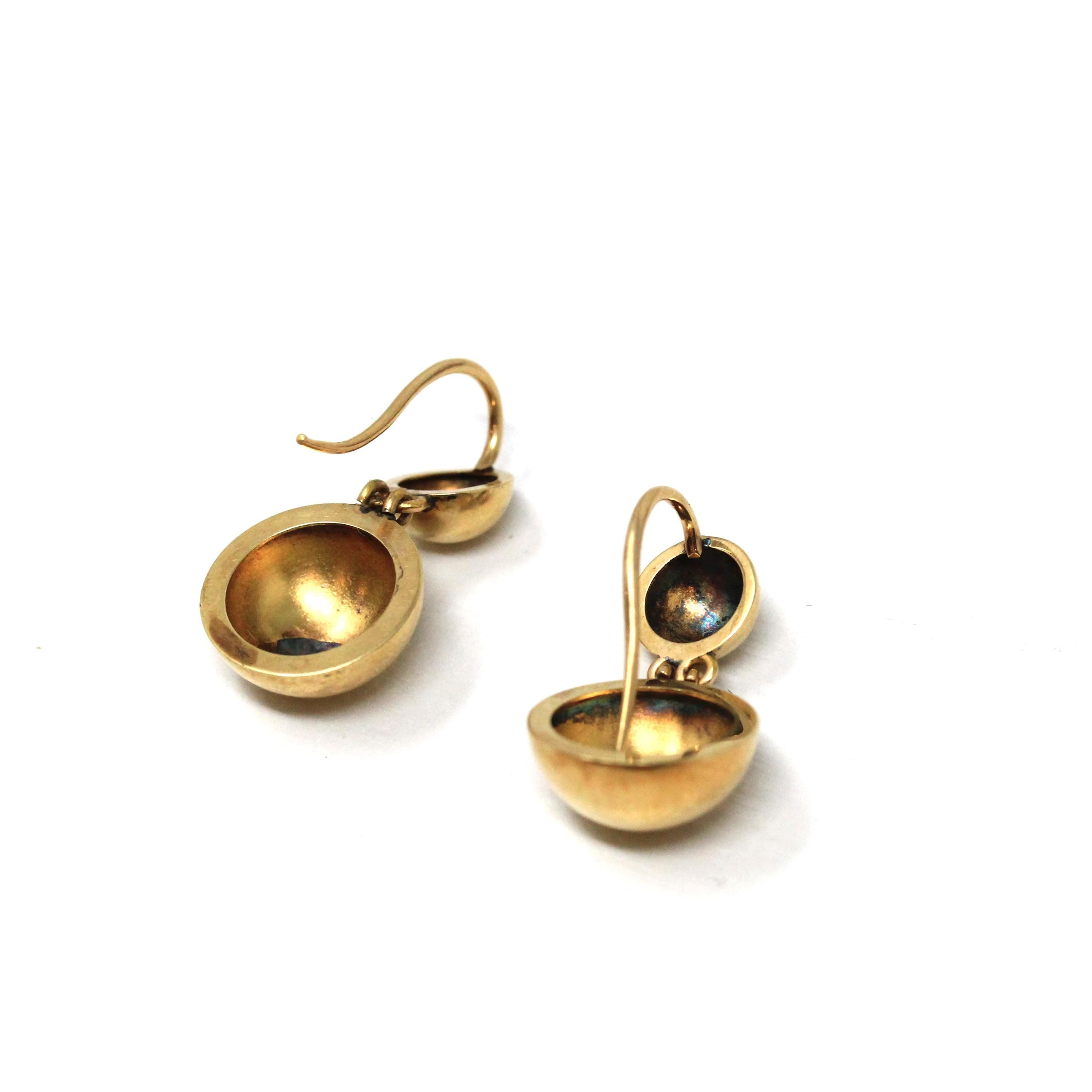 Victorian Drop Earrings - Antique 14k Yellow Gold Round Ball Dangle Wire Hooks - Vintage Late 1800s Era Hanging Fine 19th Century Jewelry