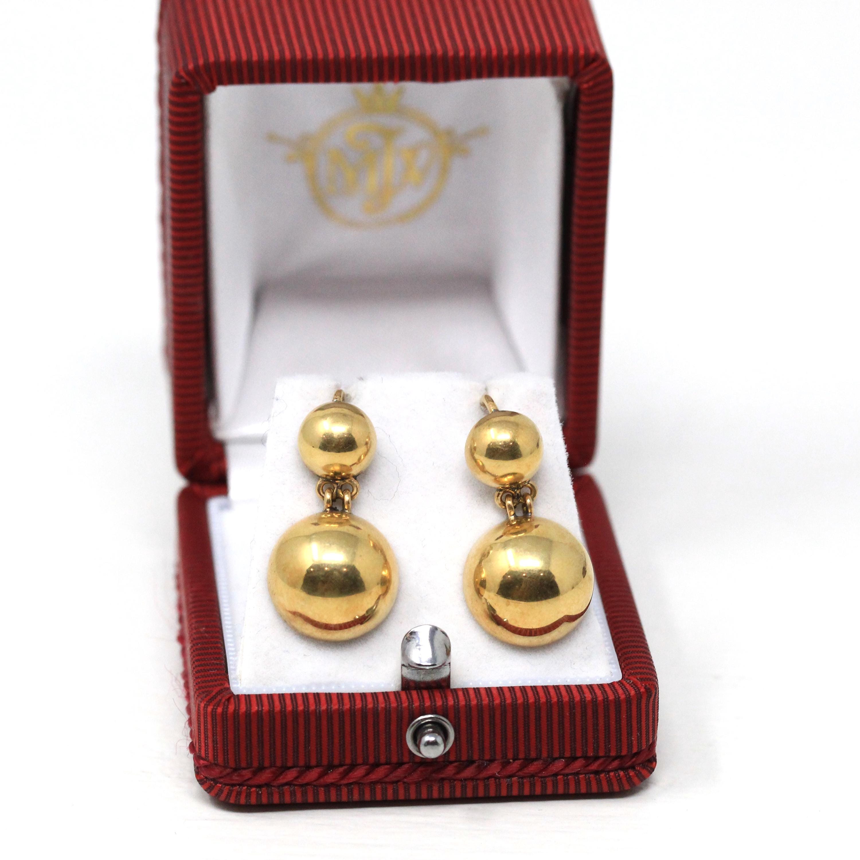 Victorian Drop Earrings - Antique 14k Yellow Gold Round Ball Dangle Wire Hooks - Vintage Late 1800s Era Hanging Fine 19th Century Jewelry