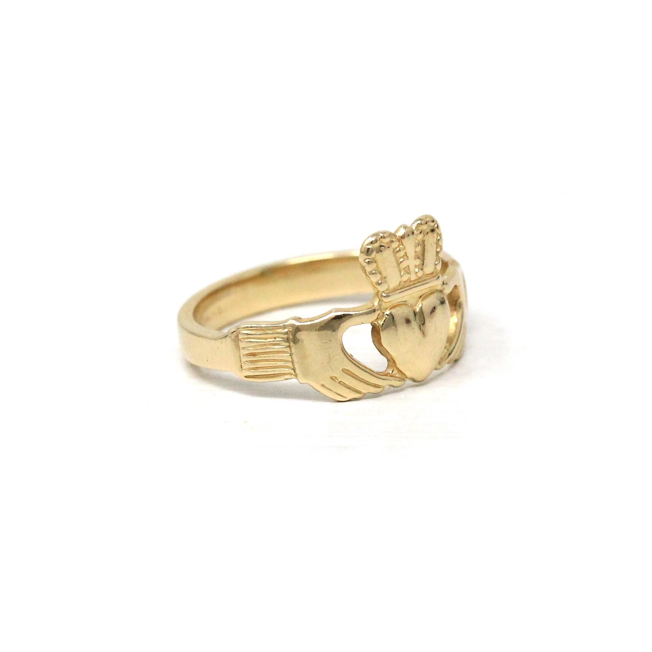 Modern Claddagh Ring - Estate 14k Yellow Gold Heart Clasped Hand Crown - Size 5 1/2 Friendship Love Loyalty Irish Fine Statement Jewelry