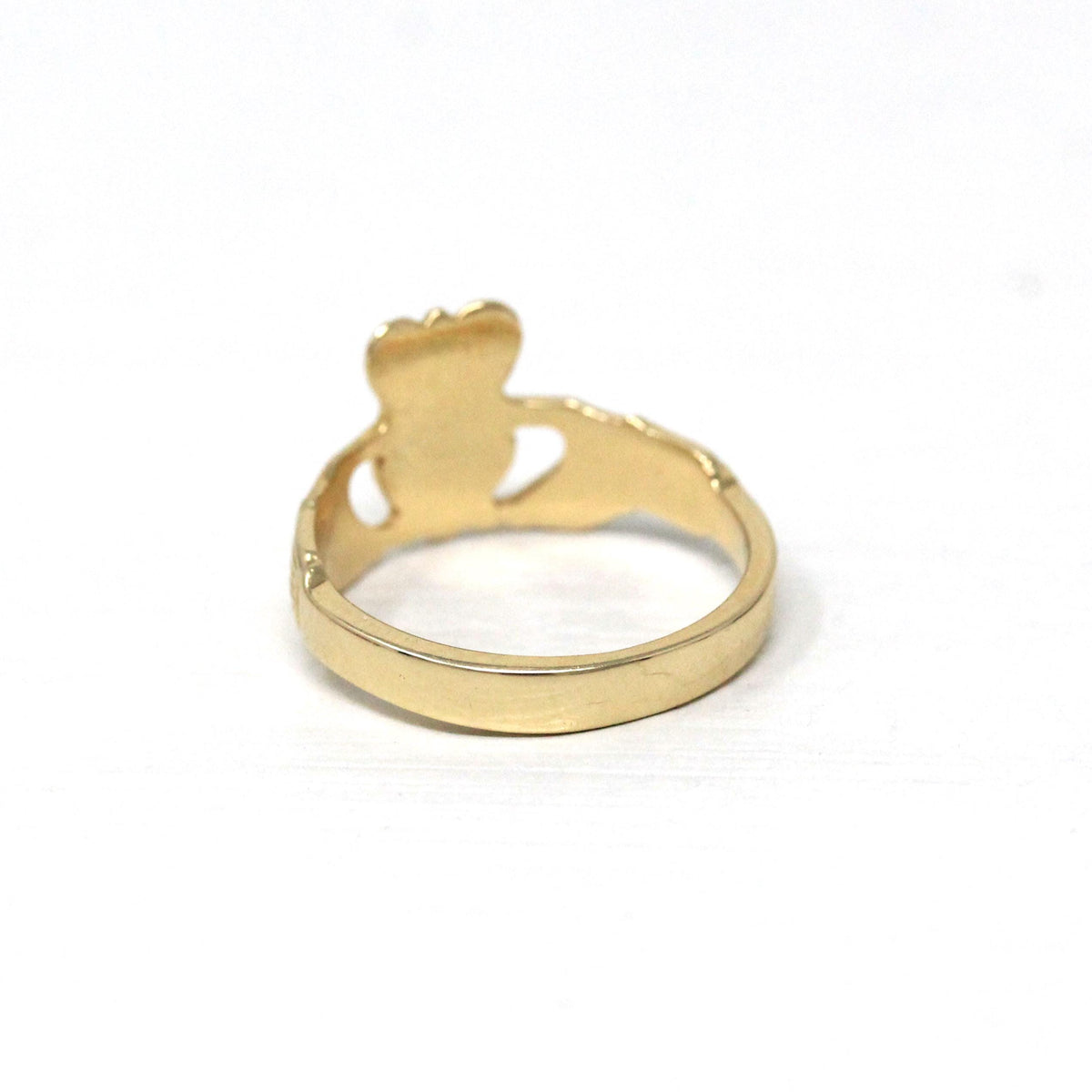 Modern Claddagh Ring - Estate 14k Yellow Gold Heart Clasped Hand Crown - Size 5 1/2 Friendship Love Loyalty Irish Fine Statement Jewelry