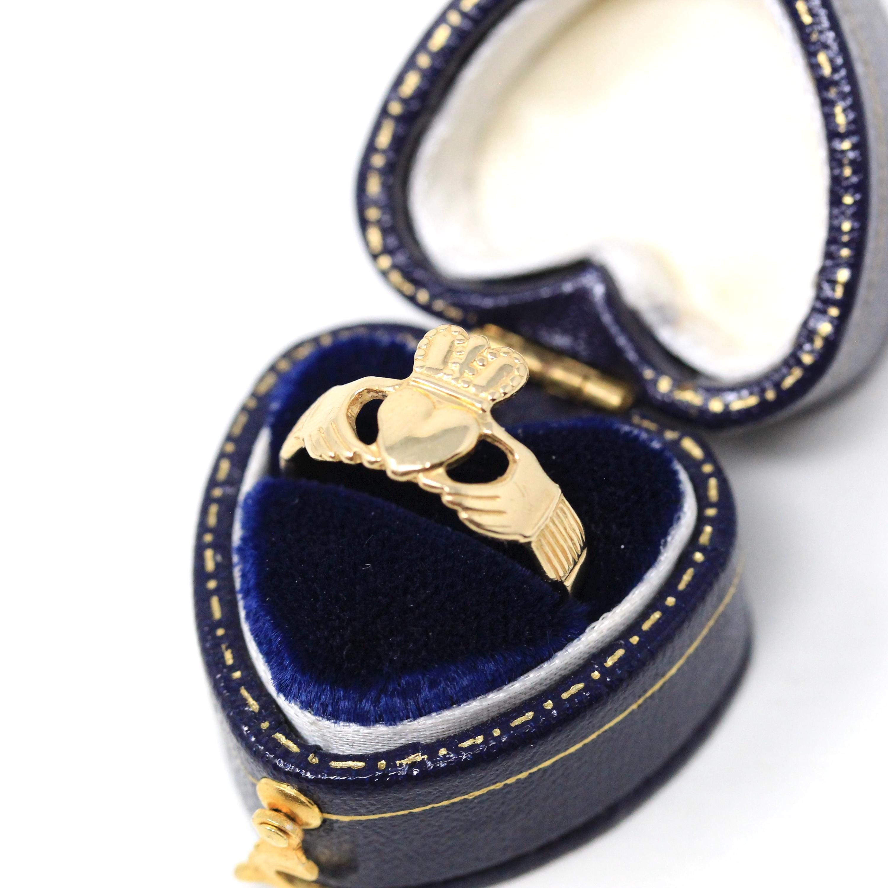 Modern Claddagh Ring - Estate 14k Yellow Gold Heart Clasped Hand Crown - Size 5 1/2 Friendship Love Loyalty Irish Fine Statement Jewelry