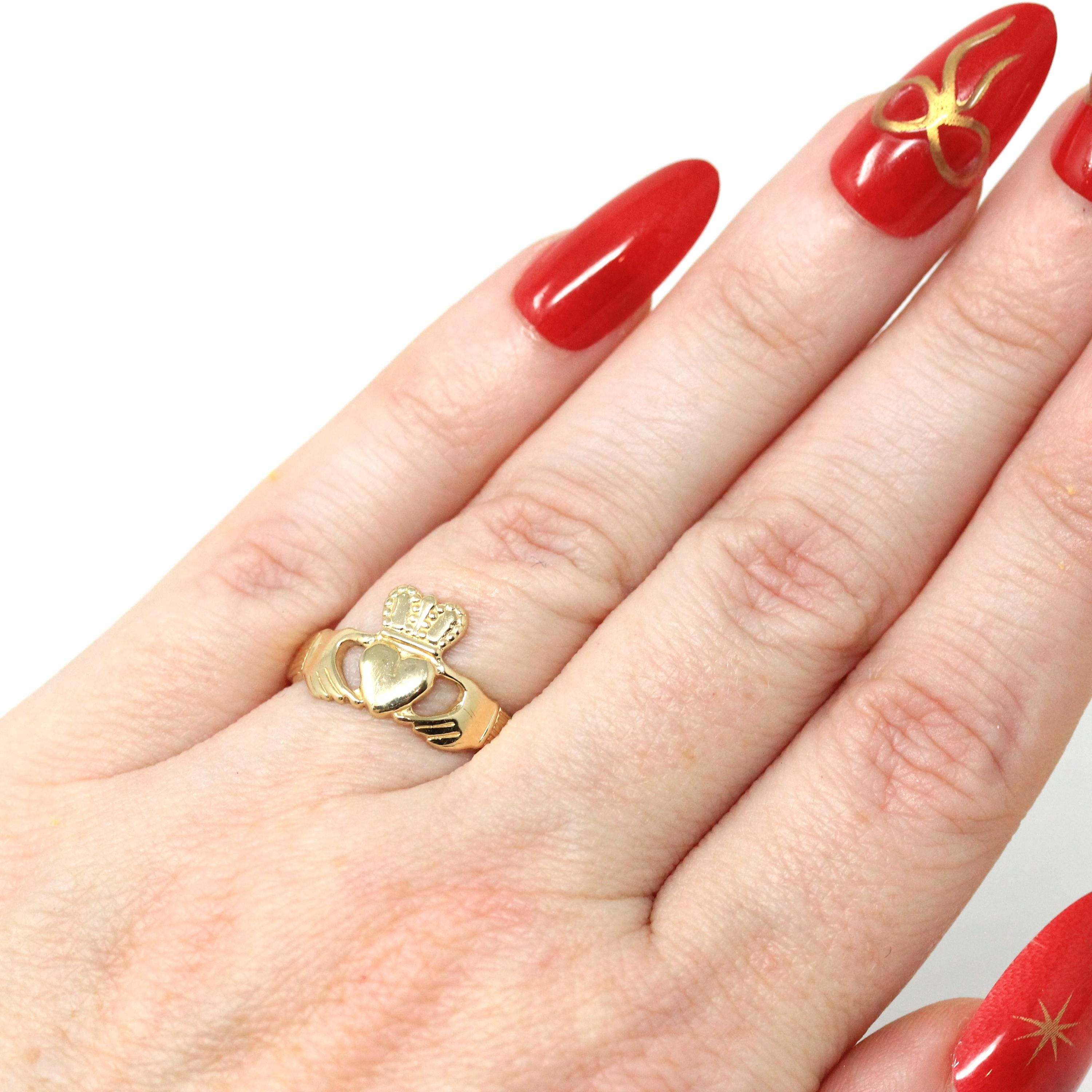 Modern Claddagh Ring - Estate 14k Yellow Gold Heart Clasped Hand Crown - Size 5 1/2 Friendship Love Loyalty Irish Fine Statement Jewelry