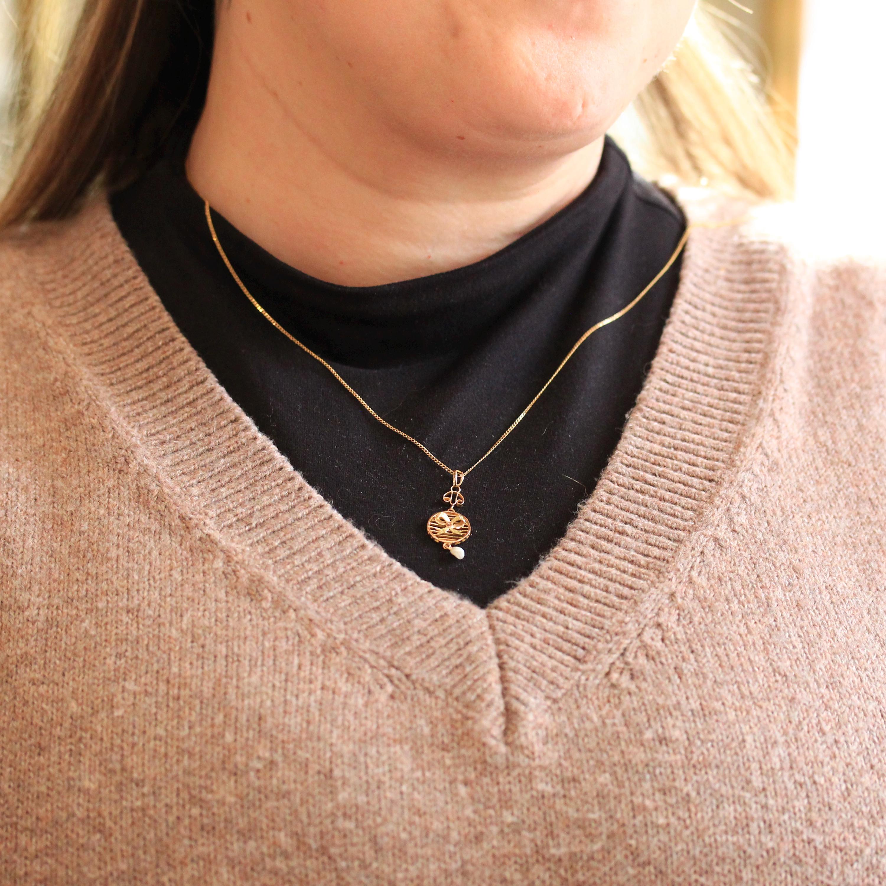 Antique Bow Lavalier - Edwardian 10k Yellow Gold Baroque Pearl Pendant Necklace - Vintage Circa 1910s Figural Ribbon Baroque Fine Jewelry