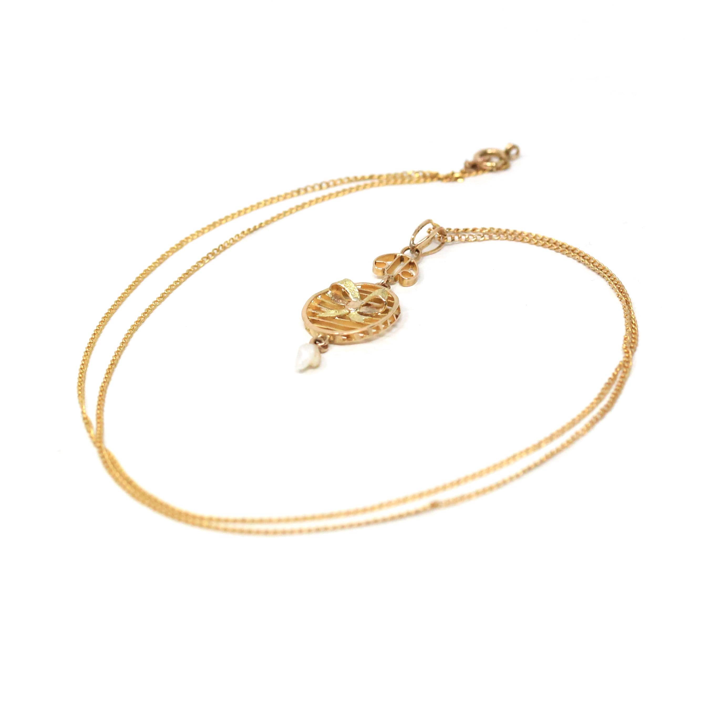 Antique Bow Lavalier - Edwardian 10k Yellow Gold Baroque Pearl Pendant Necklace - Vintage Circa 1910s Figural Ribbon Baroque Fine Jewelry