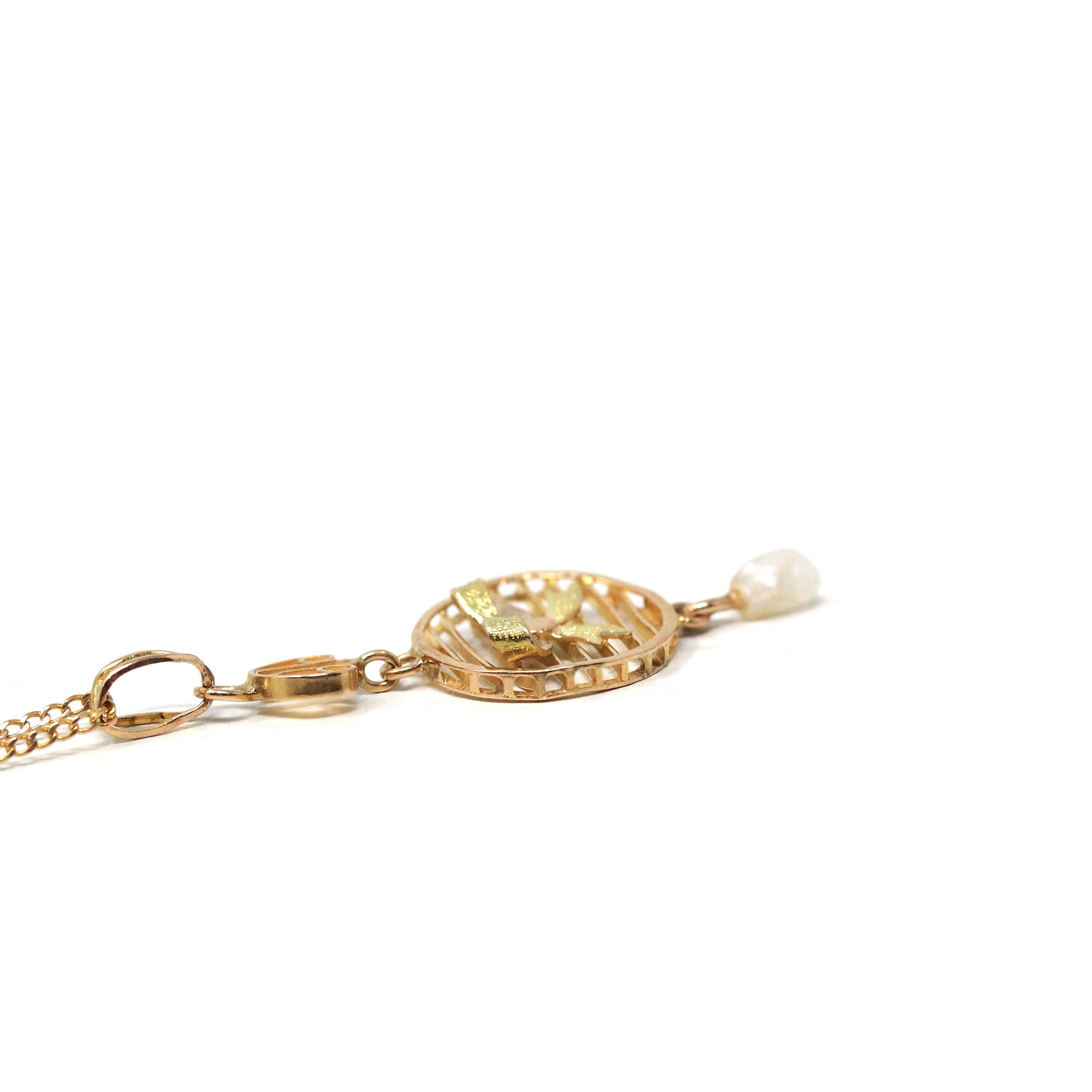 Antique Bow Lavalier - Edwardian 10k Yellow Gold Baroque Pearl Pendant Necklace - Vintage Circa 1910s Figural Ribbon Baroque Fine Jewelry