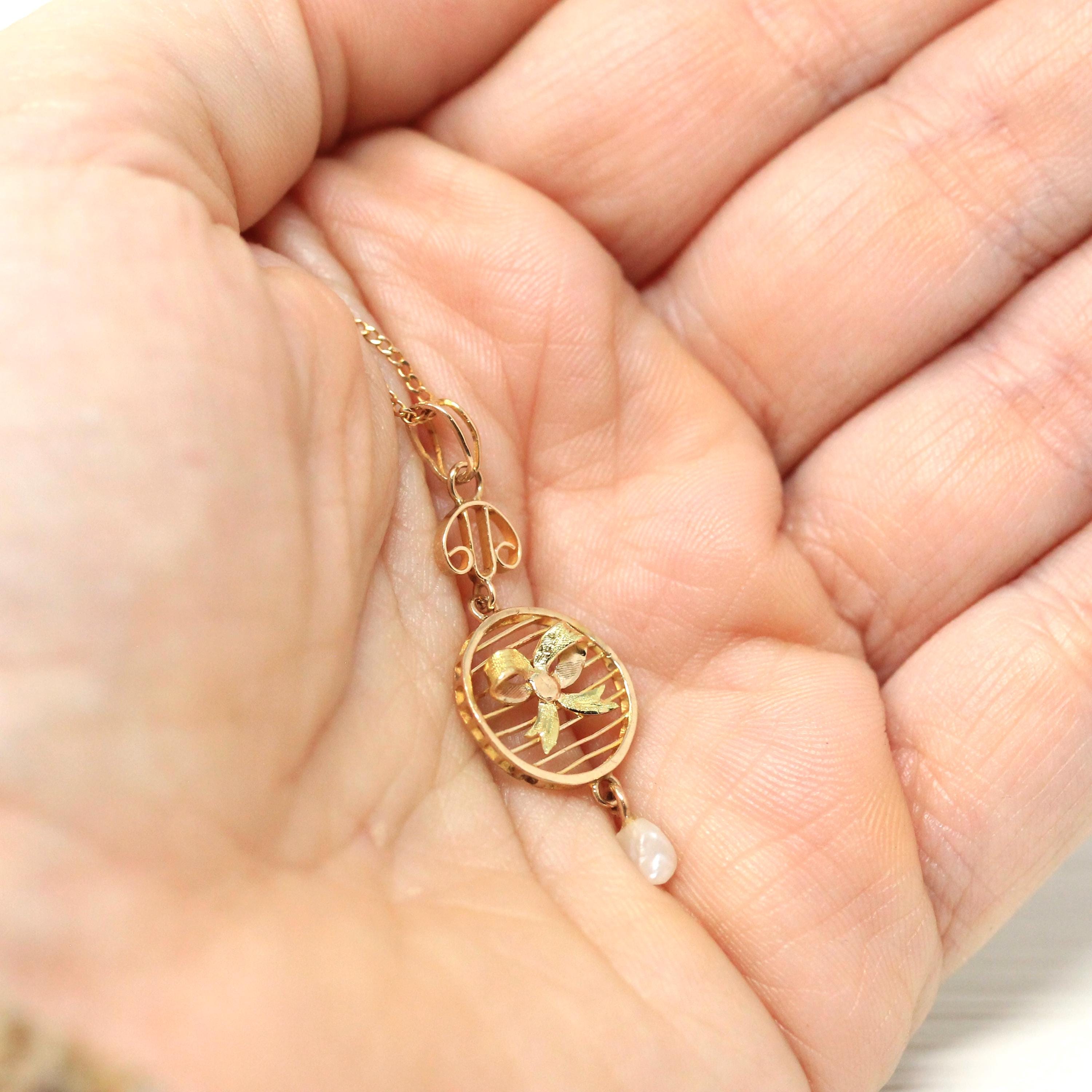 Antique Bow Lavalier - Edwardian 10k Yellow Gold Baroque Pearl Pendant Necklace - Vintage Circa 1910s Figural Ribbon Baroque Fine Jewelry