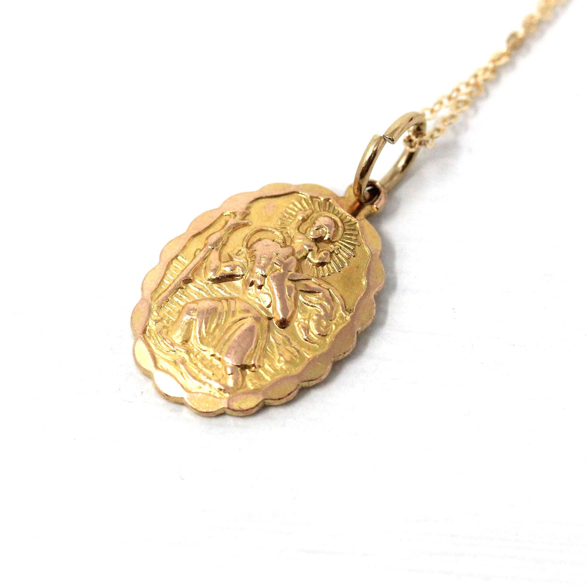 Saint Christopher Pendant - Retro 9k Yellow Gold Charm Necklace - Vintage 1970s Era Christian Patron Saint Of Travelers Georg Jensen Jewelry