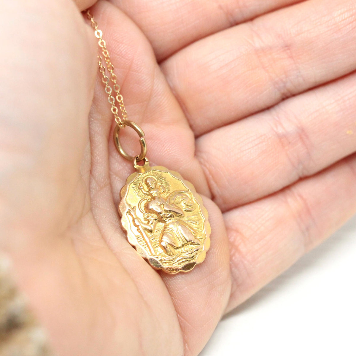 Saint Christopher Pendant - Retro 9k Yellow Gold Charm Necklace - Vintage 1970s Era Christian Patron Saint Of Travelers Georg Jensen Jewelry