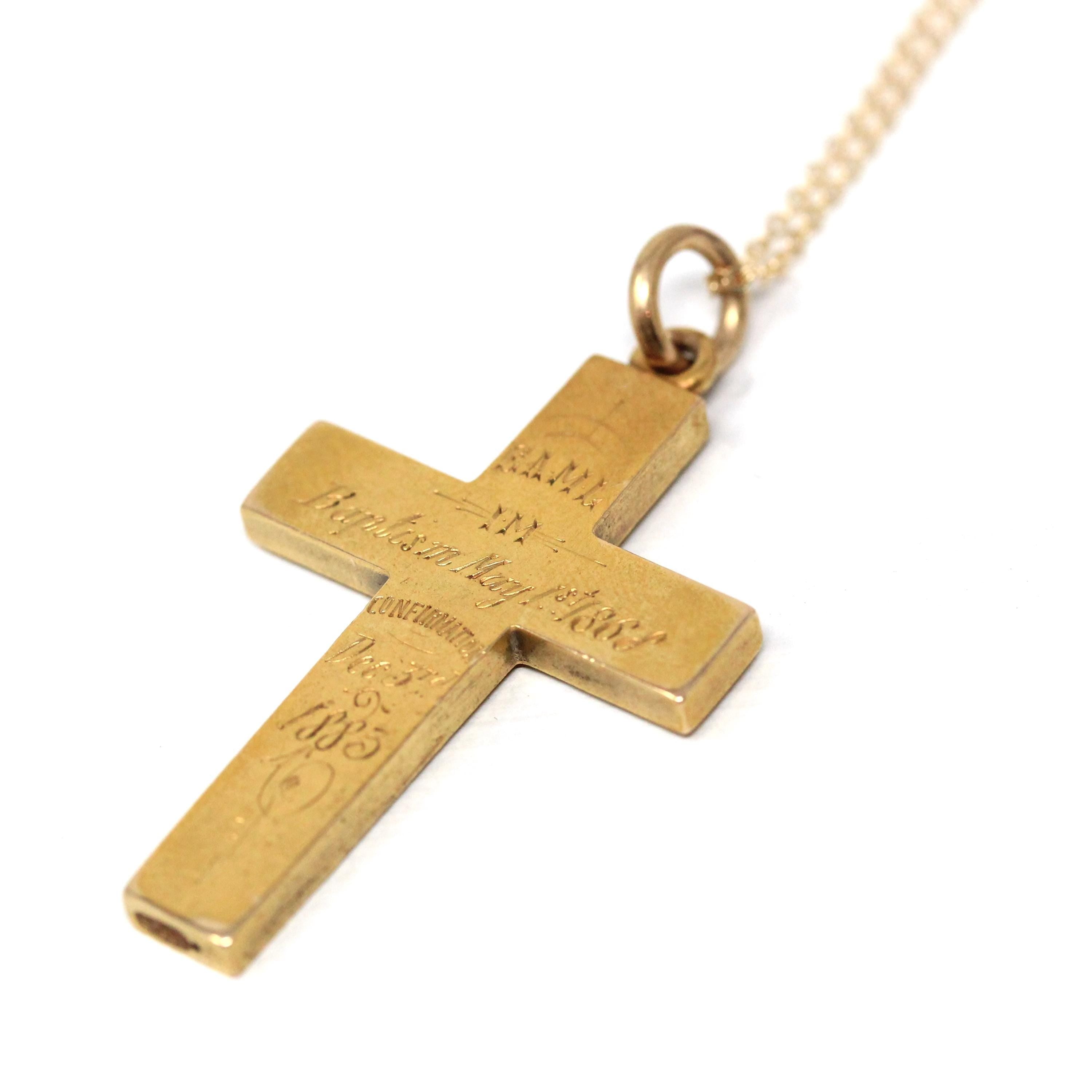 Antique Cross Pendant - Victorian 15ct Yellow Gold Religious Engraved Charm Necklace - Vintage 1800s Confirmation Faith Baptism Fine Jewelry