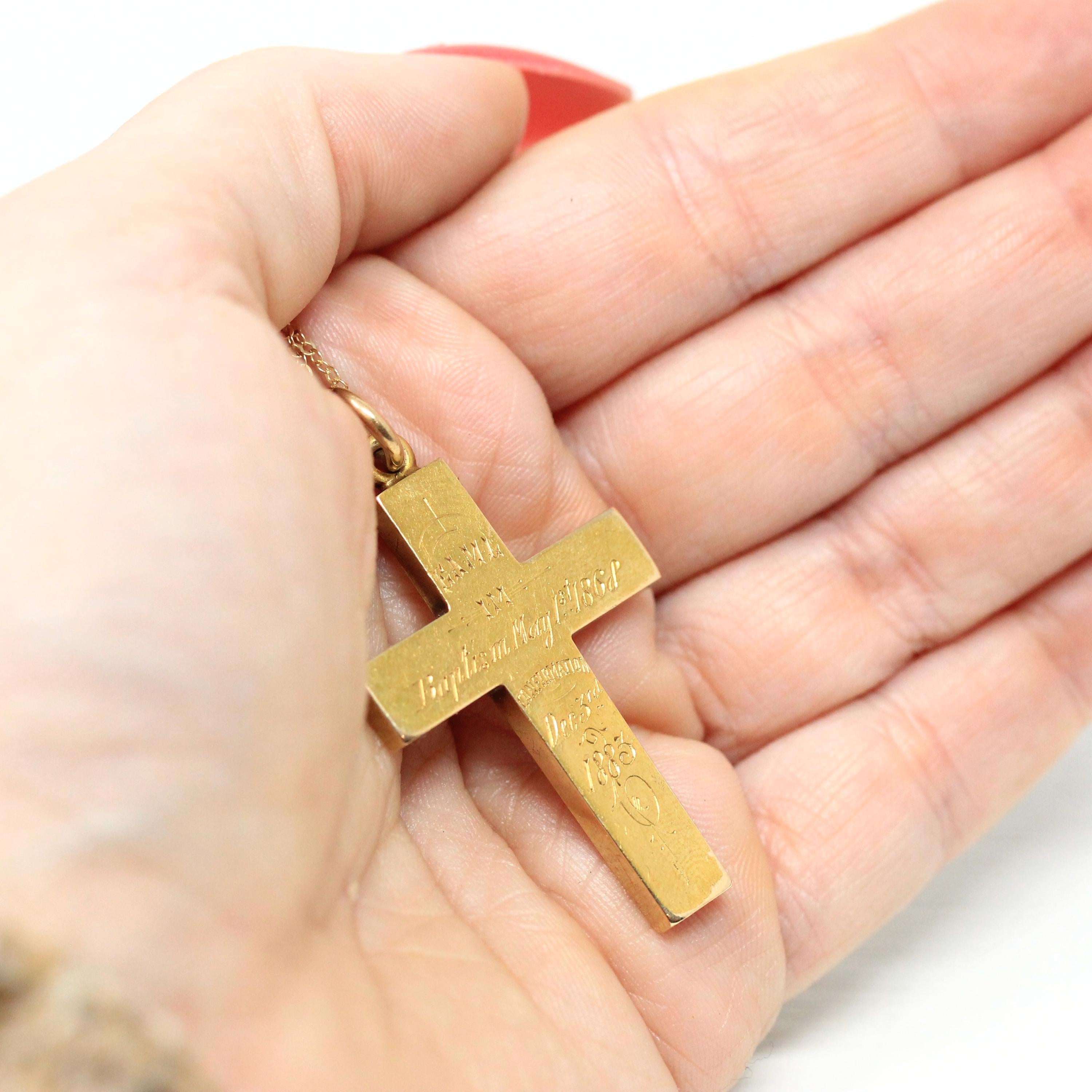 Antique Cross Pendant - Victorian 15ct Yellow Gold Religious Engraved Charm Necklace - Vintage 1800s Confirmation Faith Baptism Fine Jewelry