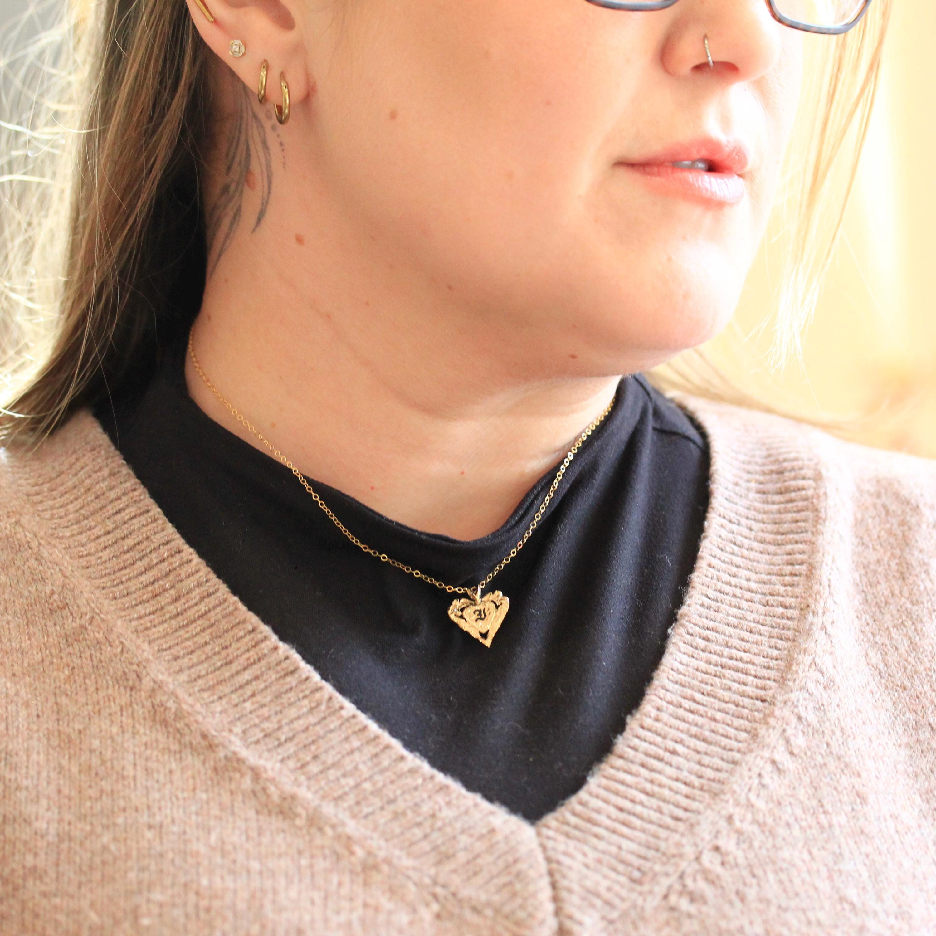 Heart "J" Pendant - Estate 14k Yellow Gold Hawaiian Floral Plumeria Necklace - Modern 2000s Era Flower Love Old English Initial Fine Jewelry