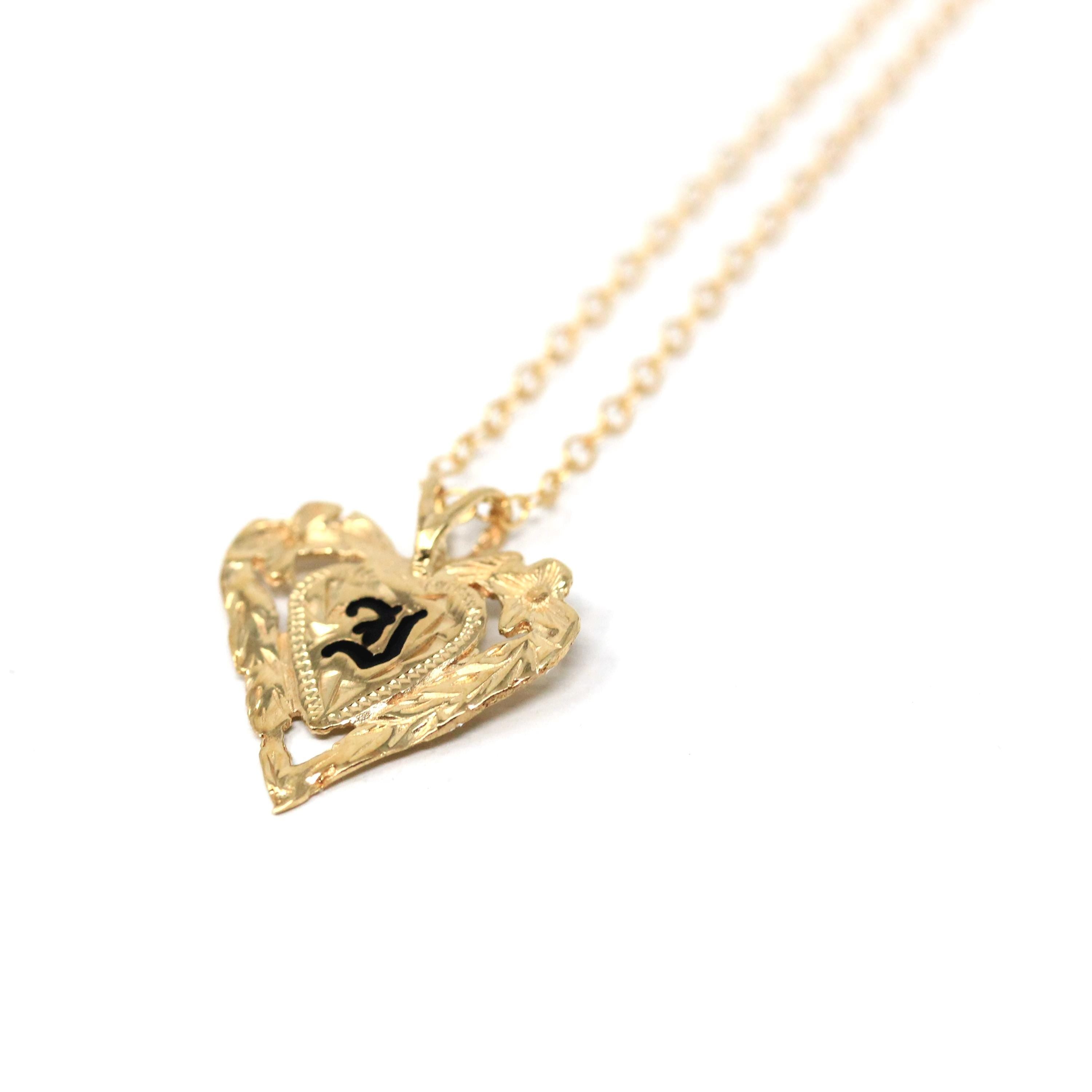 Heart "J" Pendant - Estate 14k Yellow Gold Hawaiian Floral Plumeria Necklace - Modern 2000s Era Flower Love Old English Initial Fine Jewelry
