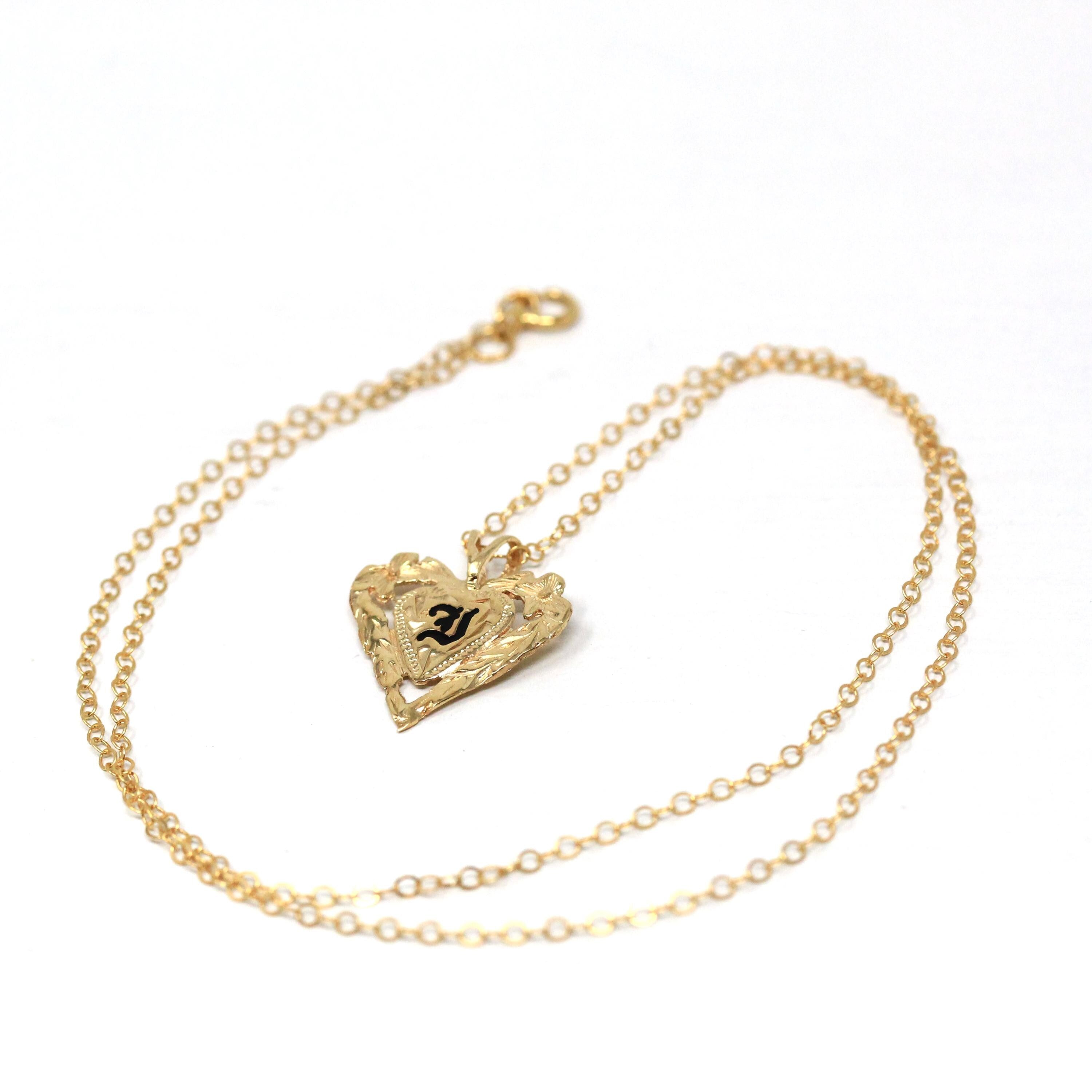 Heart "J" Pendant - Estate 14k Yellow Gold Hawaiian Floral Plumeria Necklace - Modern 2000s Era Flower Love Old English Initial Fine Jewelry