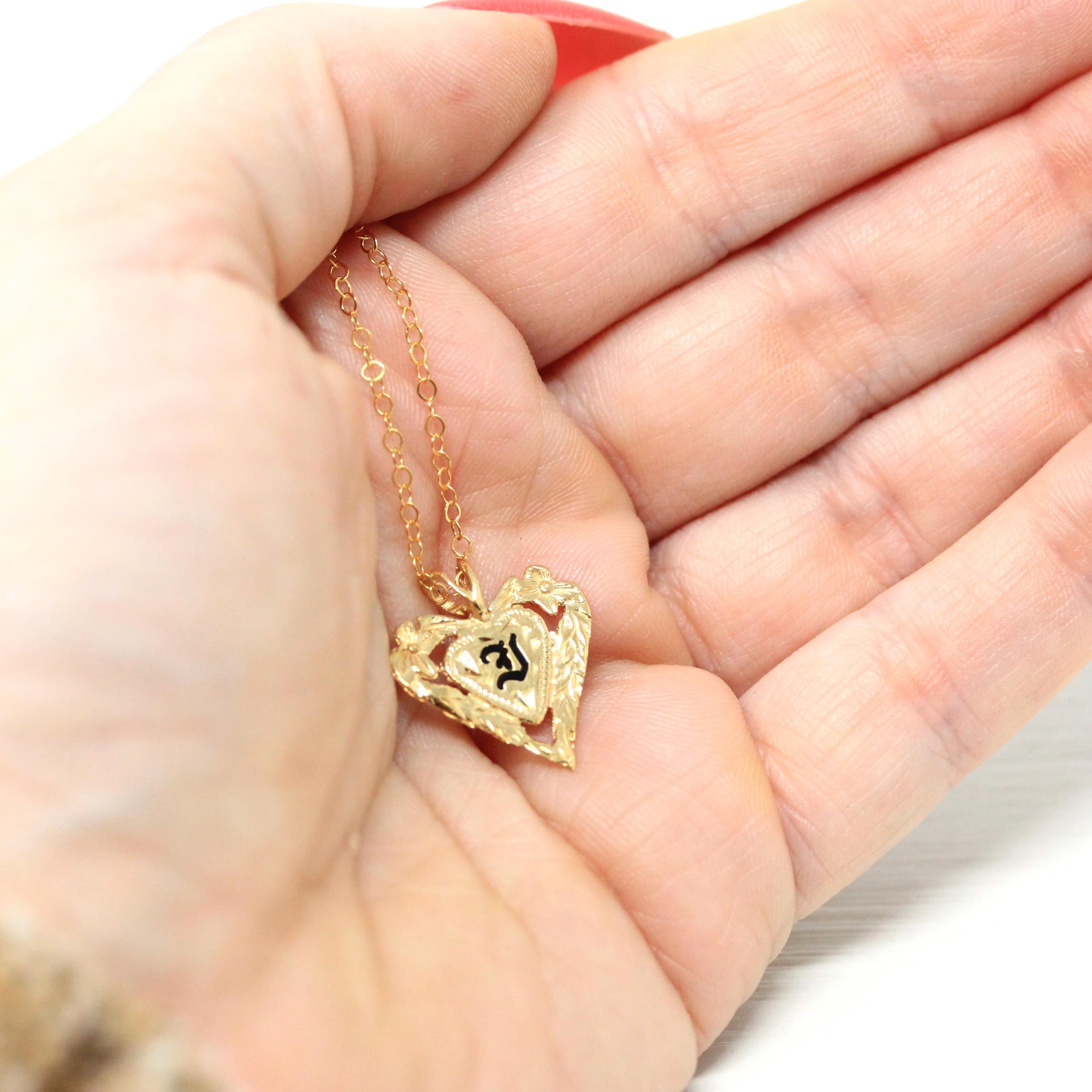 Heart "J" Pendant - Estate 14k Yellow Gold Hawaiian Floral Plumeria Necklace - Modern 2000s Era Flower Love Old English Initial Fine Jewelry