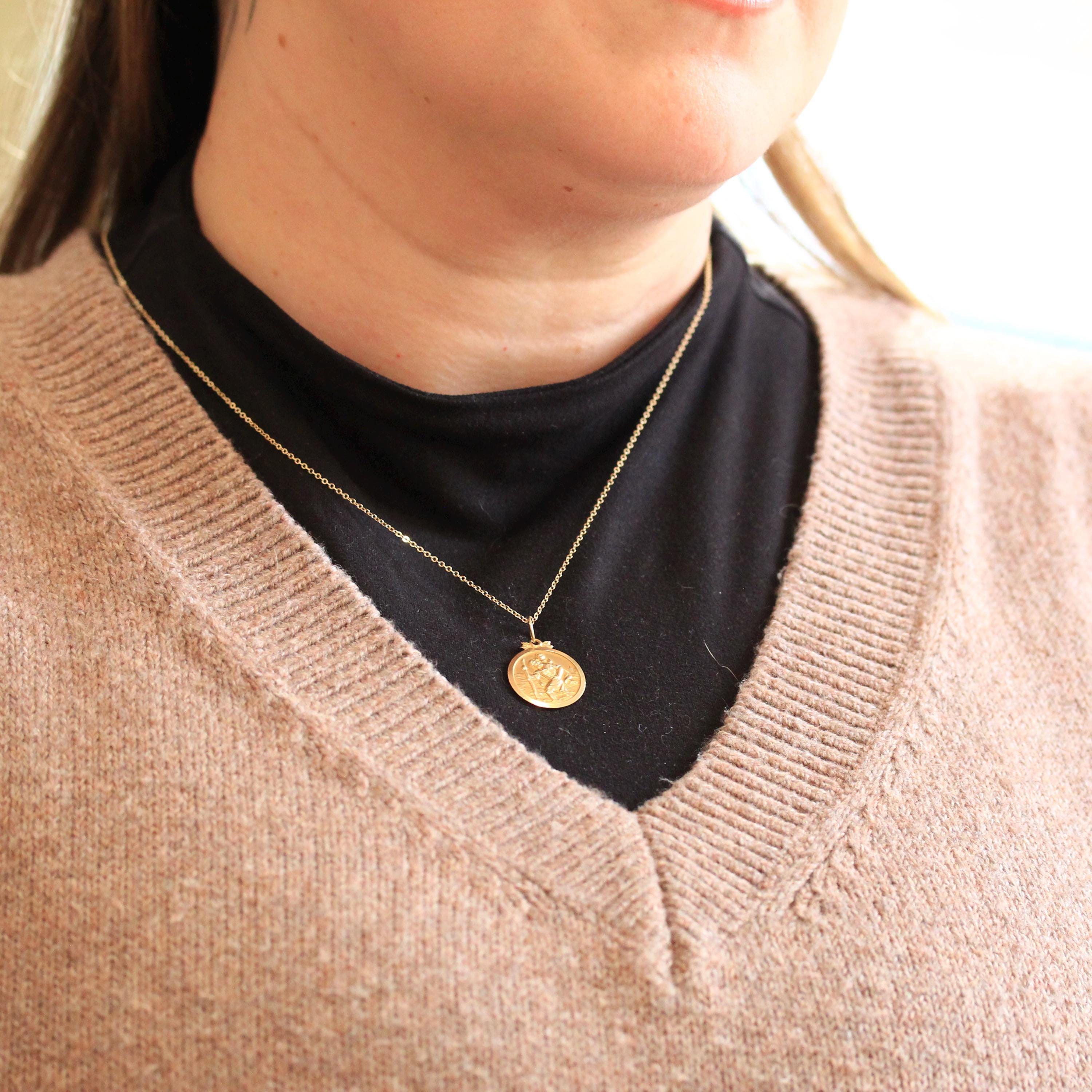 Saint Christopher Pendant - Retro 9k Yellow Gold Charm Necklace - Vintage Hallmarked 1966 Christian Patron Saint Of Travelers London Jewelry